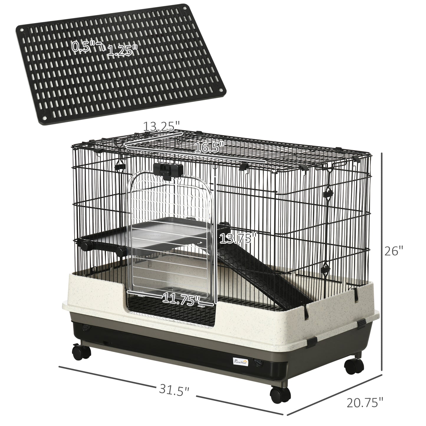 PawHut 2-tier Compact Platform Rolling Small Animal Rabbit Cage for Hamsters, Chinchillas & Gerbils with a Large Living Space