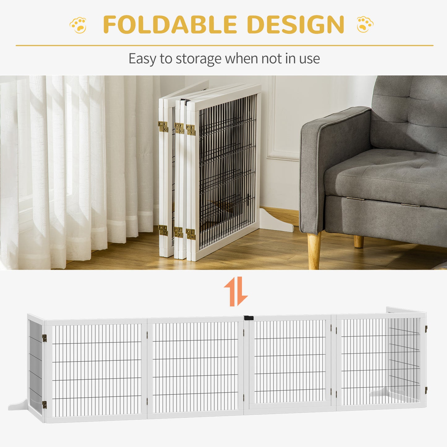 PawHut Wooden Pet Gate, 6-Panel Folding Dog Safety Barrier with Support Feet for Small & Medium Dogs, White