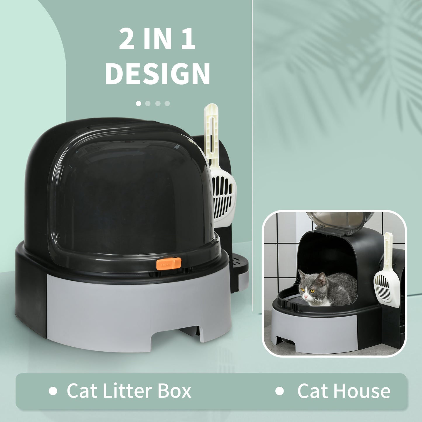 PawHut Cat Litter Box Easy to Clean Open with Scoop, Gray