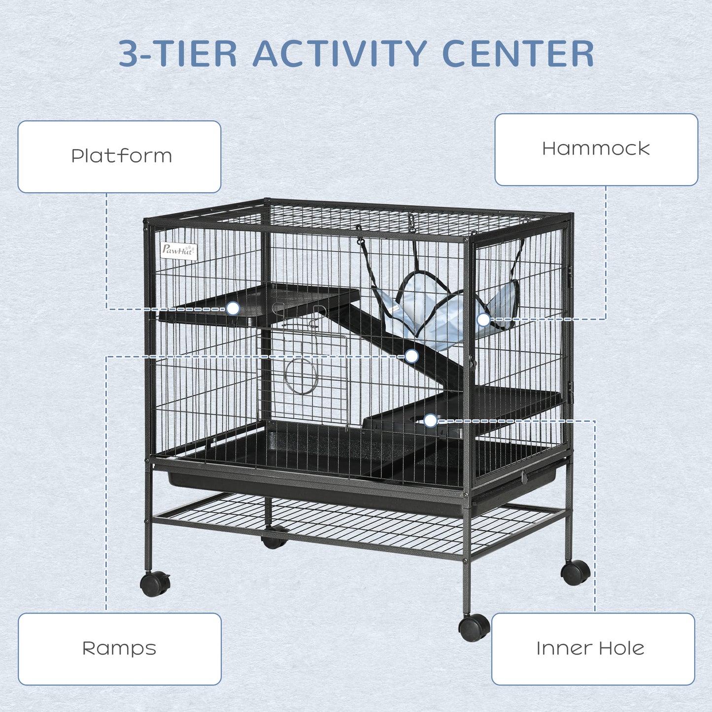 PawHut Small Animal Cage with Wheels, Pet Playpen for Rat, Syrian Hamster, Kitten, Ferrets, Chinchillas with Bottom Storage Shelf, Removable Tray, Ramp, 31.5" x 20.5" x 33.1"