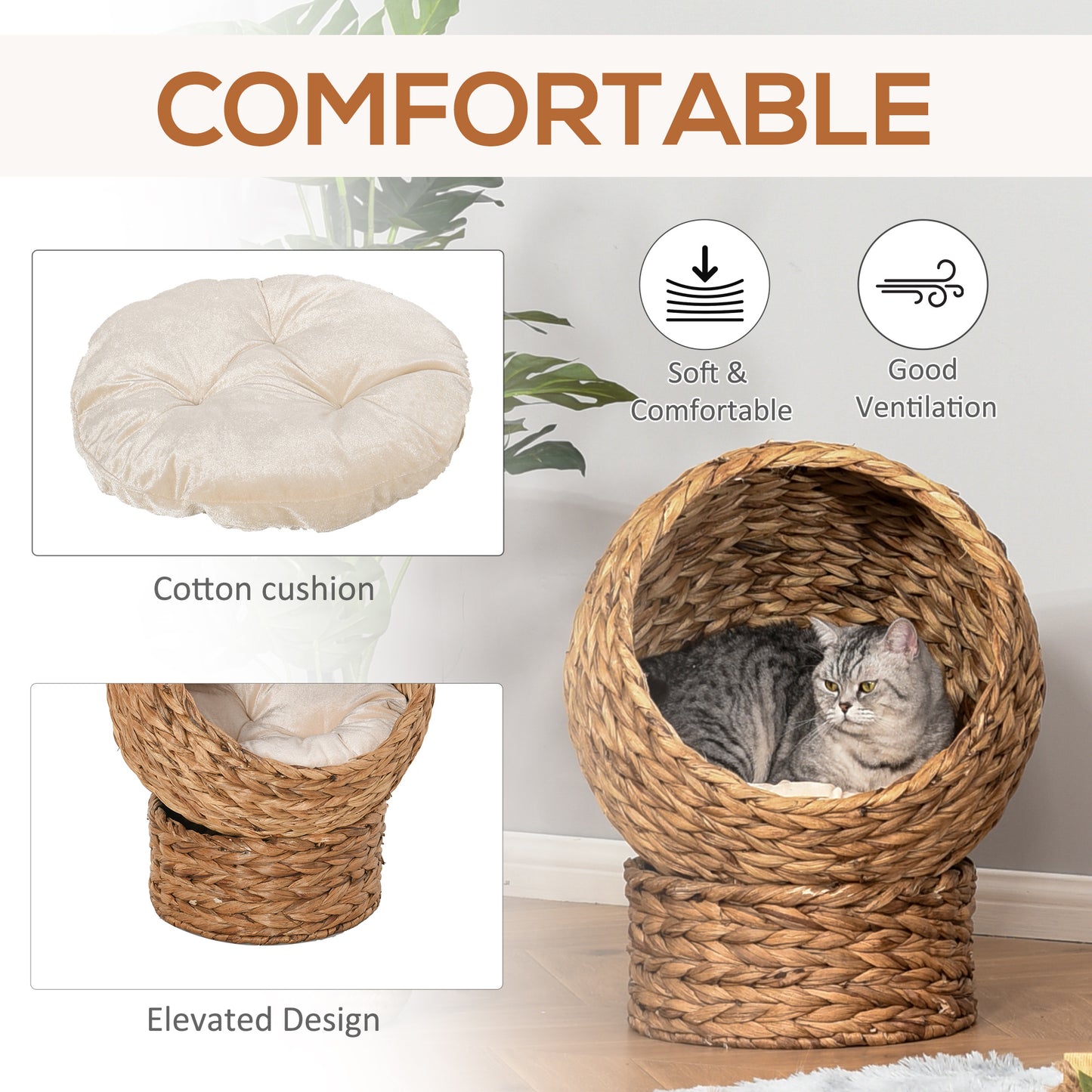 PawHut 20" Natural Braided Banana Leaf Elevated Cat Bed Basket with Cushion - Brown