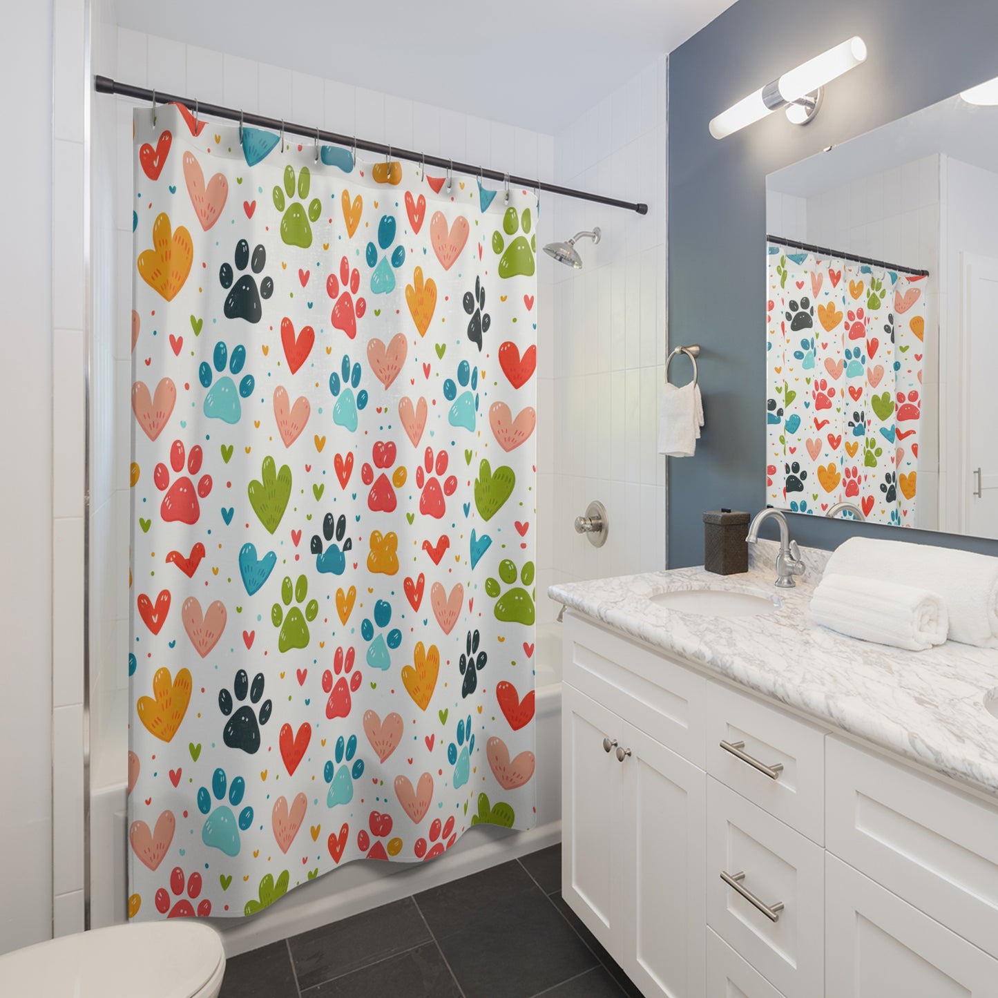 Colorful Paw Print Shower Curtain | Pet Lover Gift, Heart Decor, Animal Print Bathroom, Dog Cat Theme, Love Your Pets