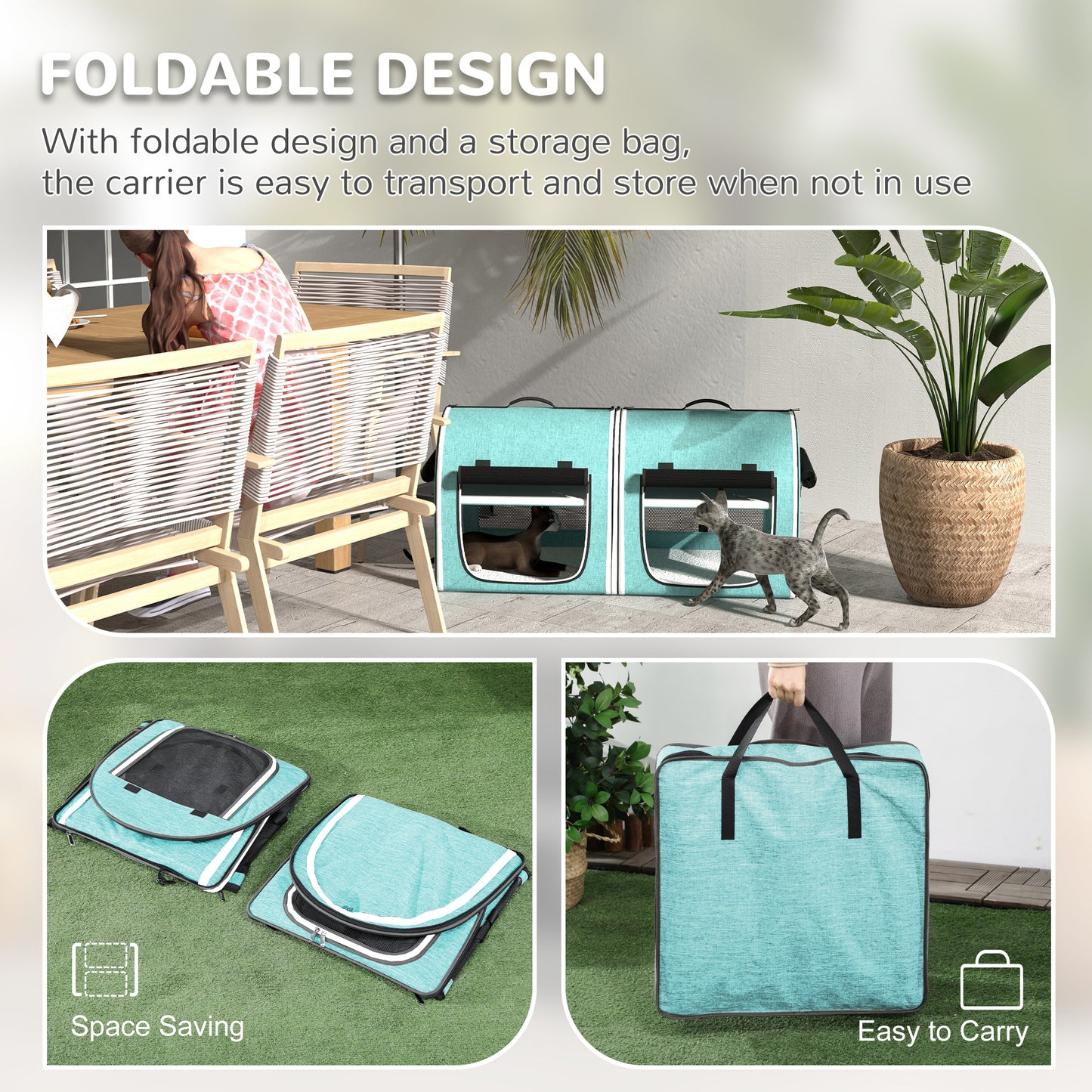 PawHut 39" Portable Soft 2 Sided Pet Cat Carrier with Divider, Two Compartment, Soft Cushions, & Storage Bag, Green