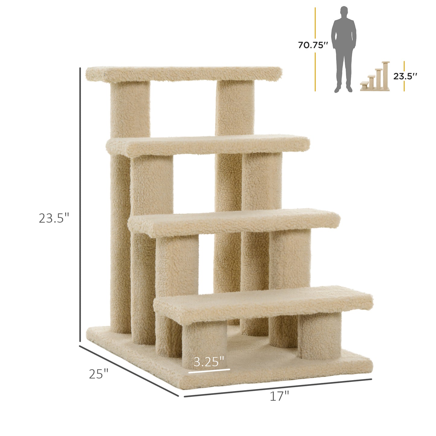 PawHut 25" 4-Step Multi-Level Carpeted Cat Scratching Post Pet Stairs, Cream White