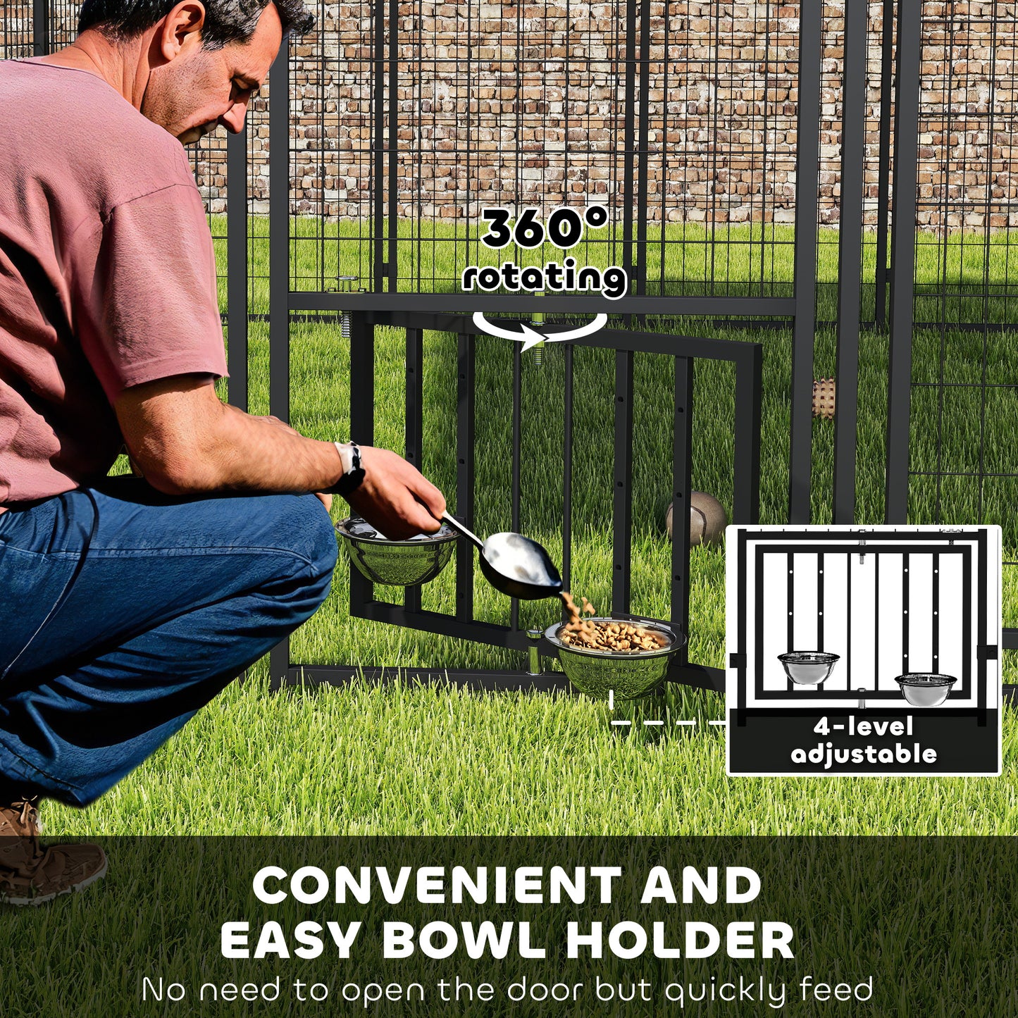 PawHut Welded Wire Outdoor Dog Kennel with 360° Rotating & 4 Levels Adjustable Bowls, Waterproof Cover, 9.8' x 9.8' x 6.8'
