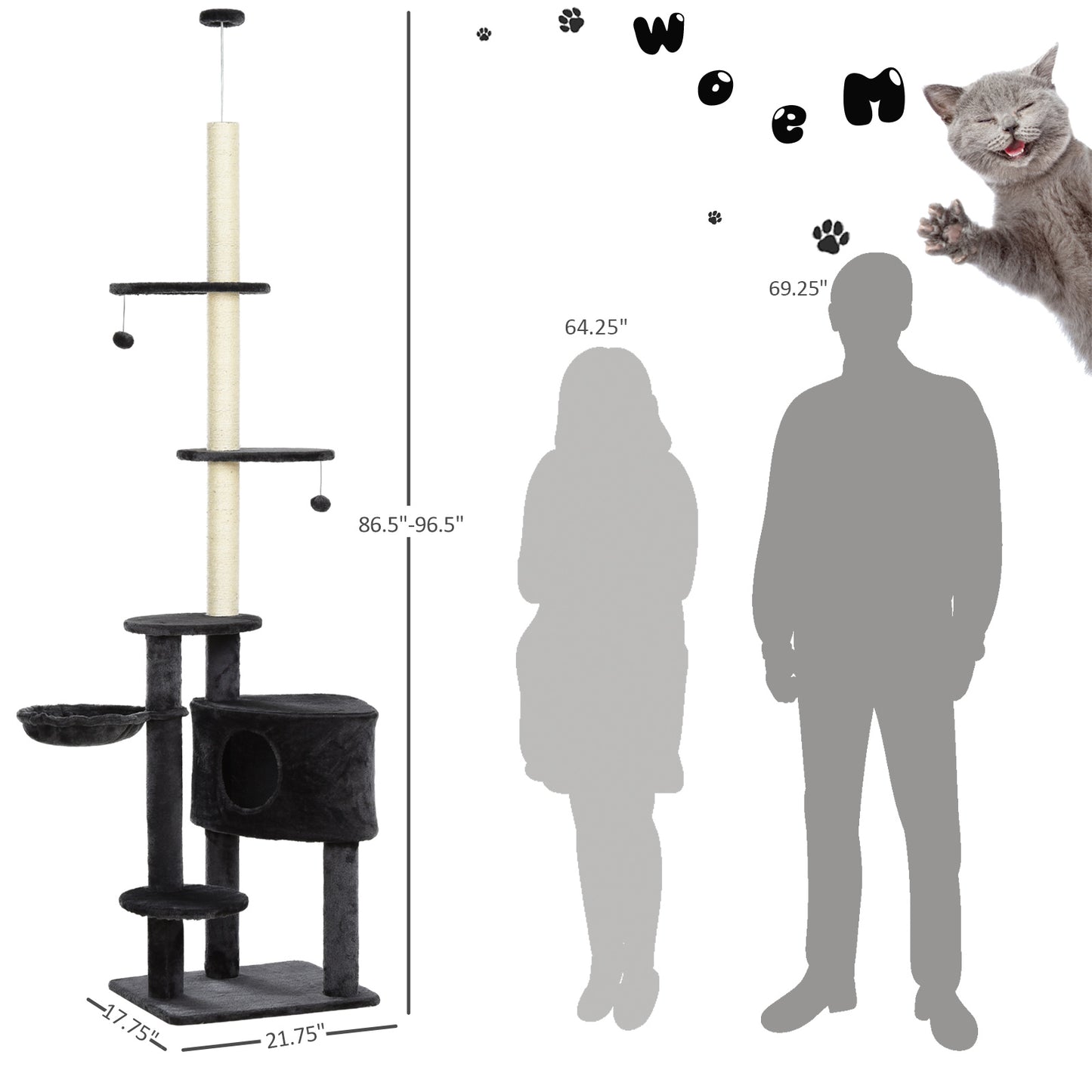 PawHut Adjustable Height Floor-To-Ceiling Vertical Cat Tree with Carpet Platforms, Condo & Rope Scratching Areas, Dark Grey