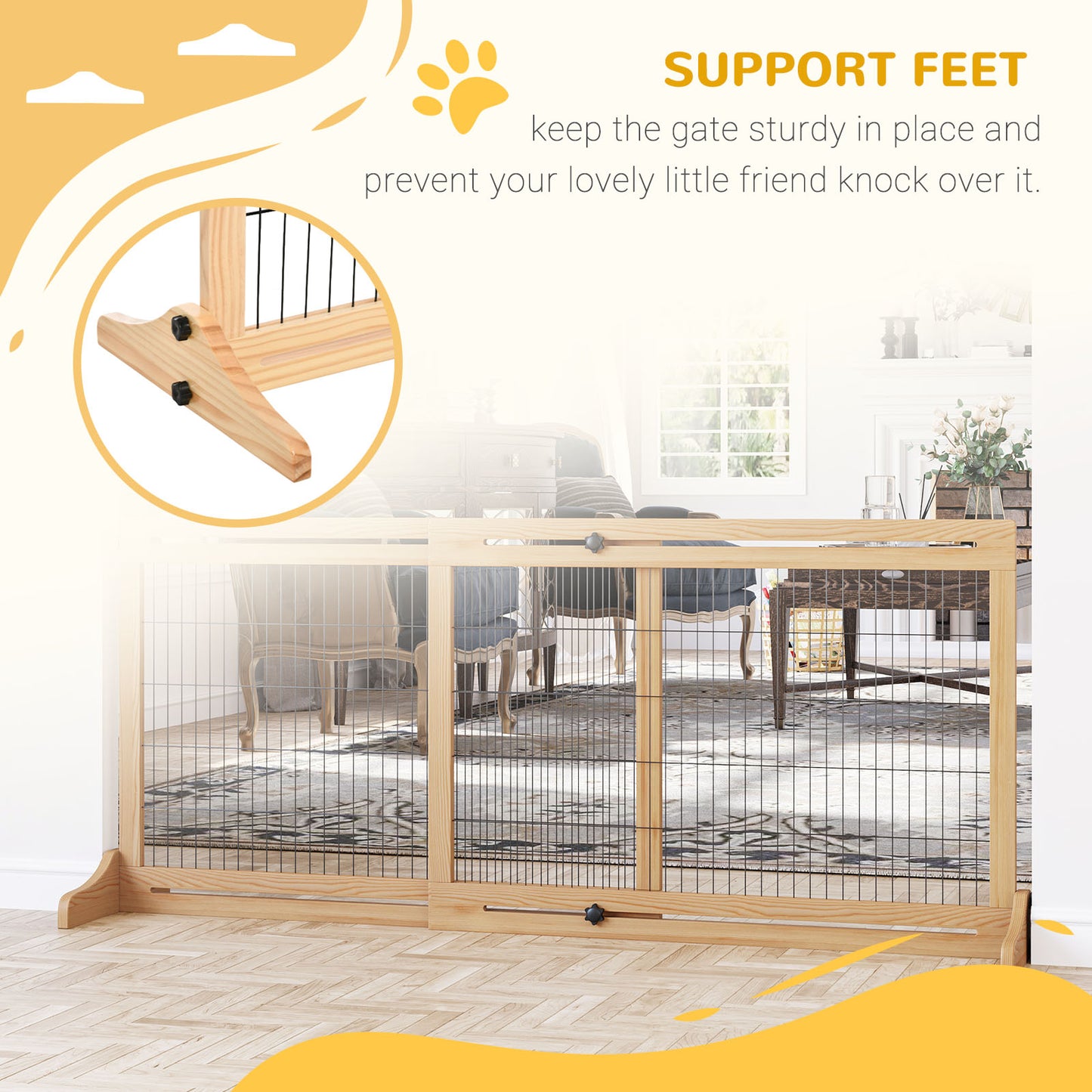 PawHut 72" W x 27" H Extra Wide Freestanding Pet Gate with Adjustable Length Dog, Cat, Barrier for House, Doorway, Hallway, Natural