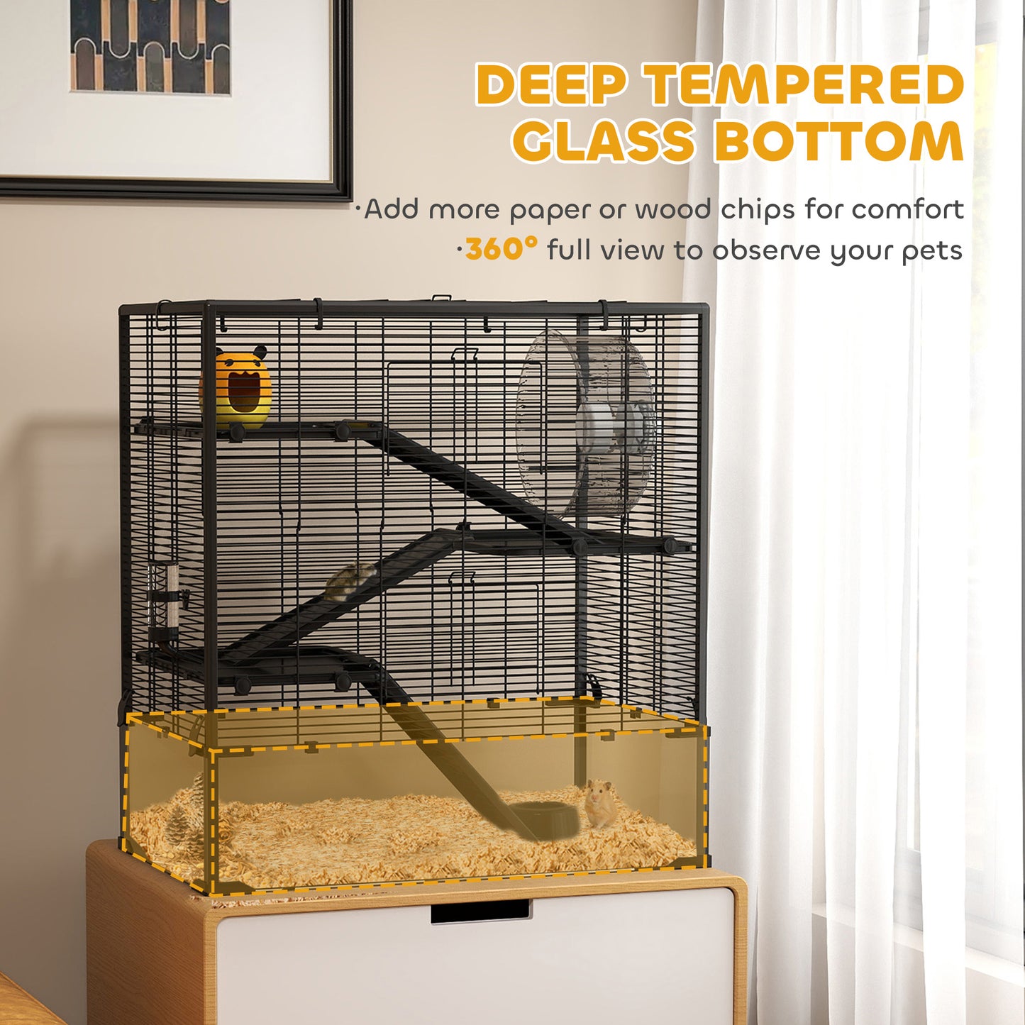PawHut 4 Tier Hamster Cage with Deep Tempered Glass Bottom, Running Wheel, Hut, Water Bottle, Food Dish, 31" x 19" x 31.5"