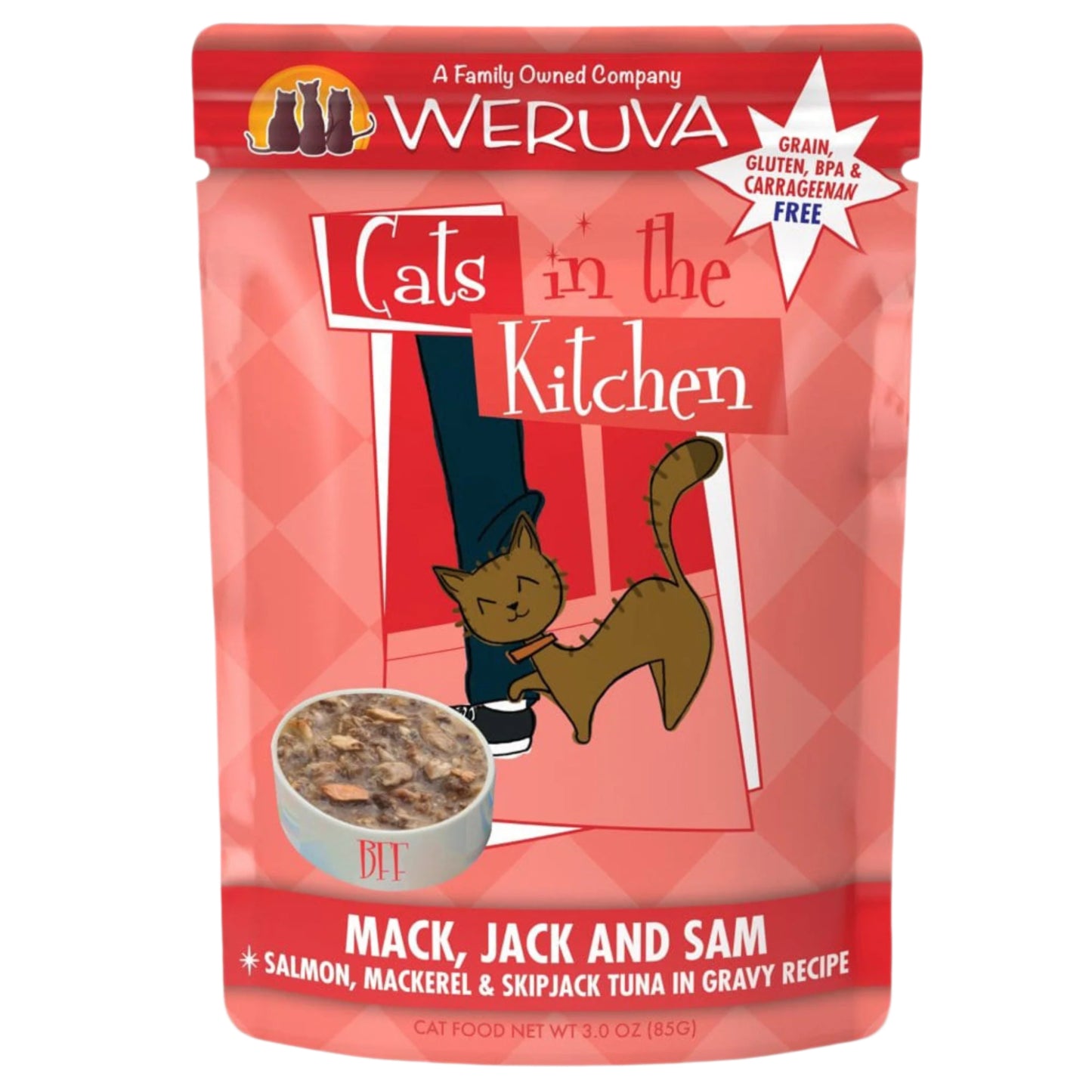 Cats In The Kitchen Mack, Jack & Sam Salmon, Mackerel & Skipjack Tuna in Gravy 3oz. Pouch (Case of 12)