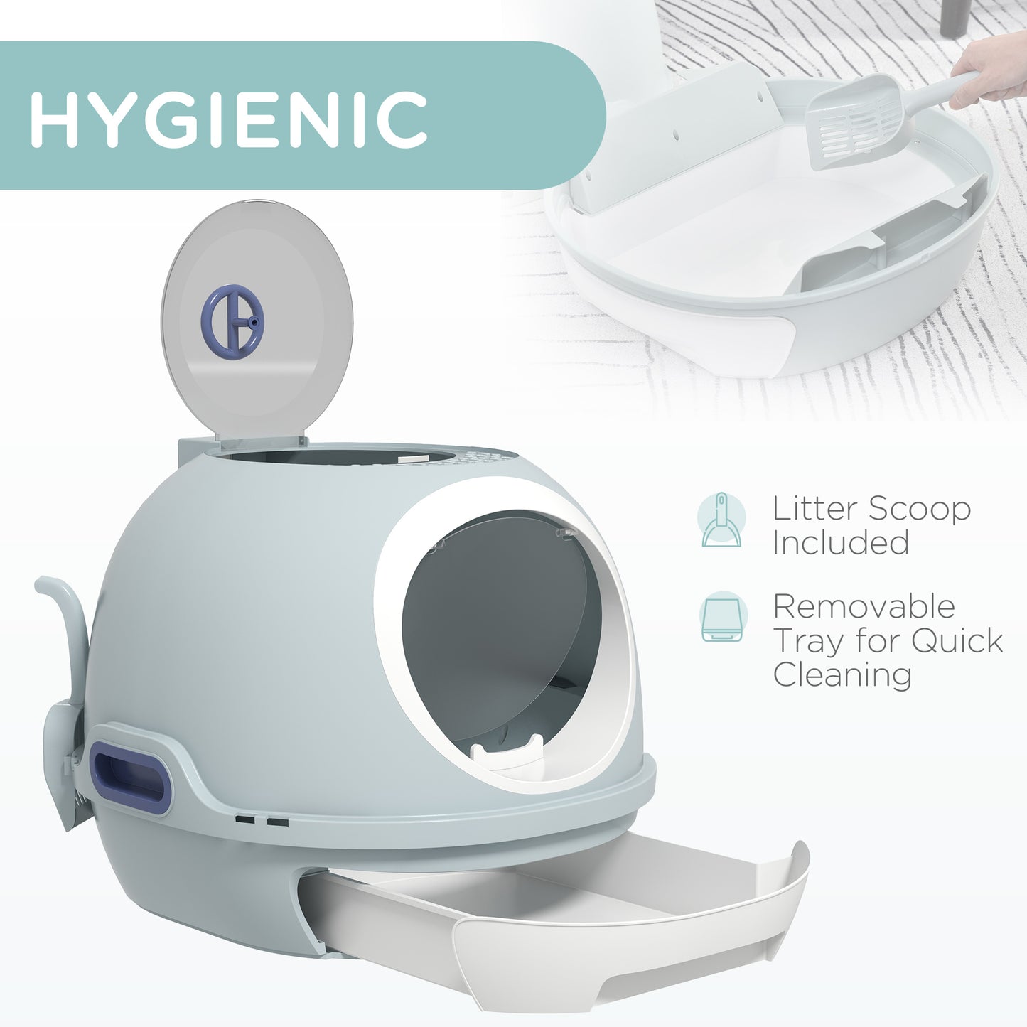 PawHut Cat Litter Box Toilet with Lid, Covered Litter Box with Scoop, Enclosed Drawer, and Skylight, Blue