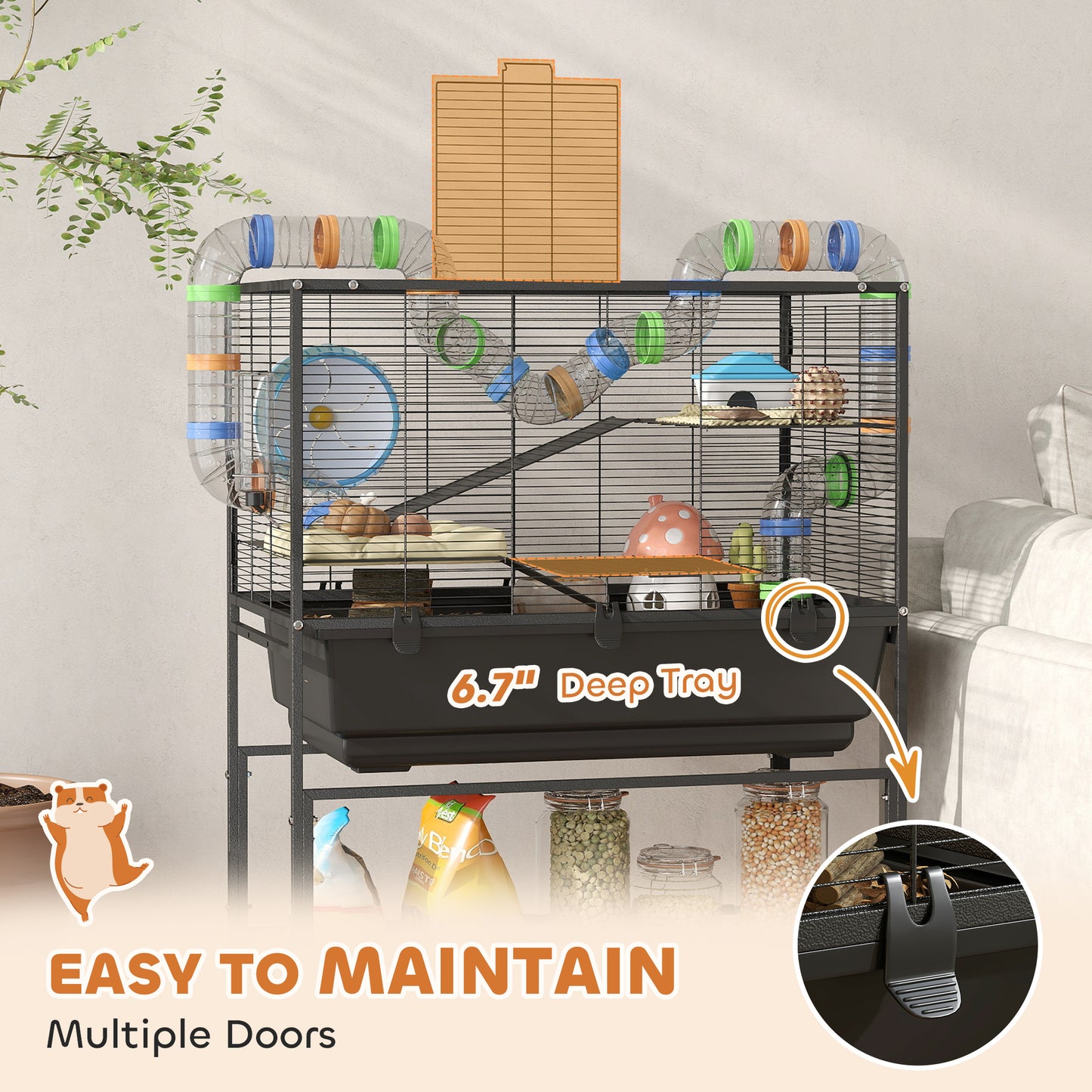 PawHut 3 Tier Hamster Cage, Rolling Rat Cage with Deep Tray, Storage Shelf, Big Exercise Wheel, Hut, Tube System