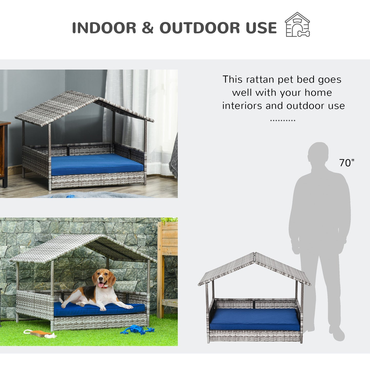 PawHut Pet House Wicker, for Indoor/Outdoor Rattan Furniture, with Water-Resistant and Removable Cushions, Elevated Bottom, Dark Blue