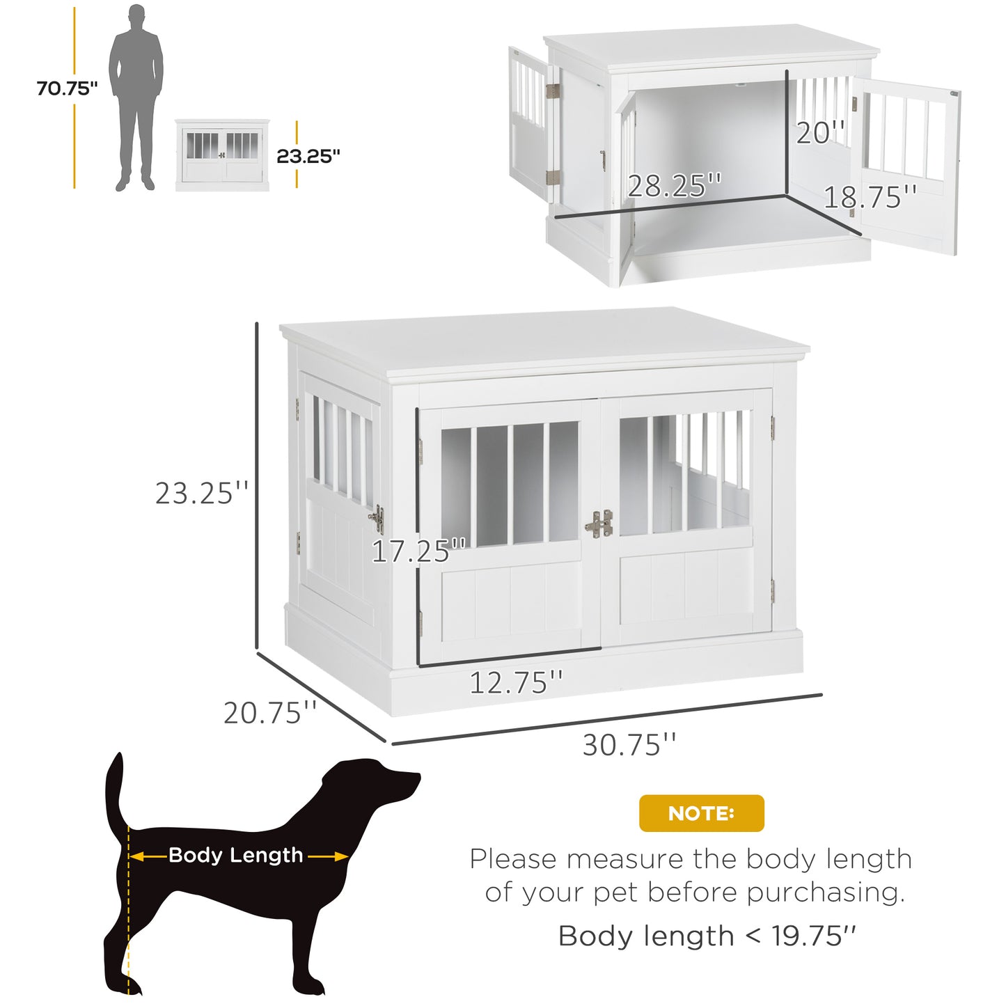 PawHut Wooden Dog Crate End Table, Dog Crate Furniture with Triple Doors, Puppy Crate for Small Dogs Indoor Use, White