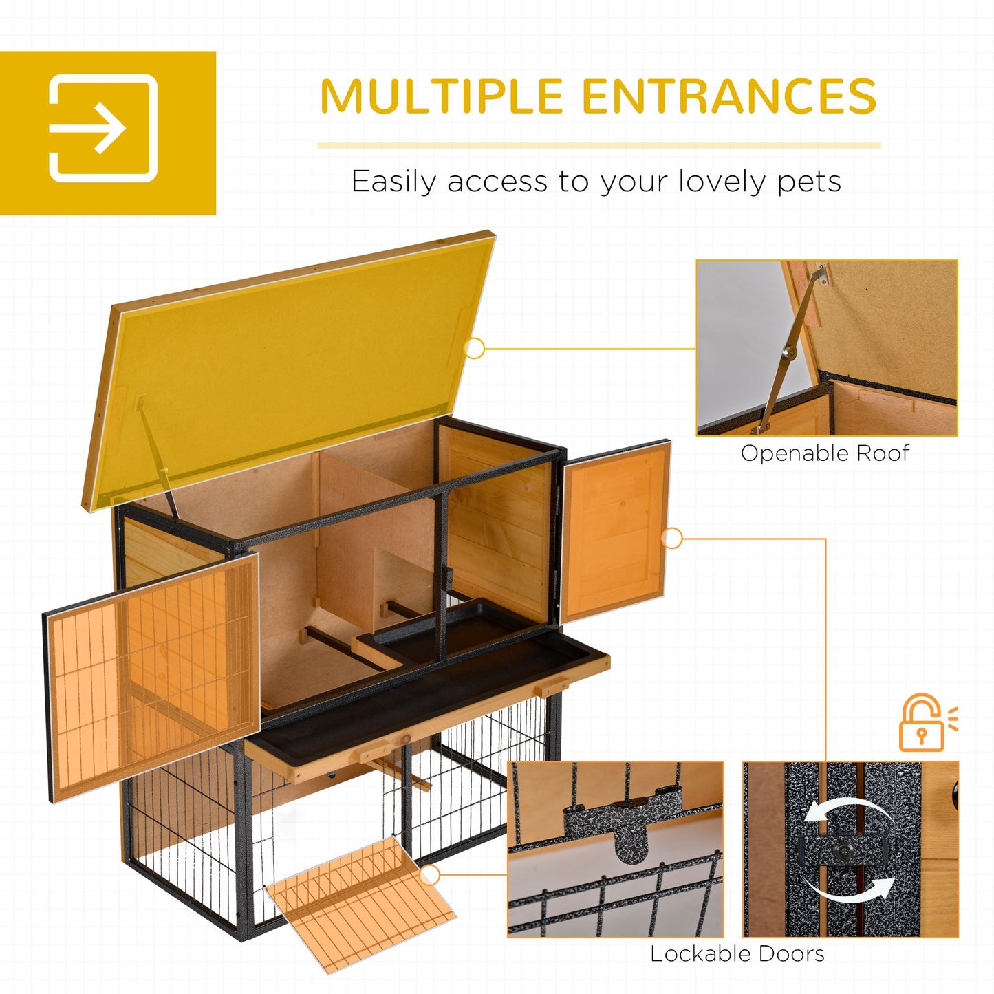 PawHut Wooden Rabbit Hutch Metal Frame Small Animal Habitat with No Leak Tray, Asphalt Openable Roof,Ramp and Lockable Door for Rabbits, Chickens, Ducks, Outdoor Light Yellow