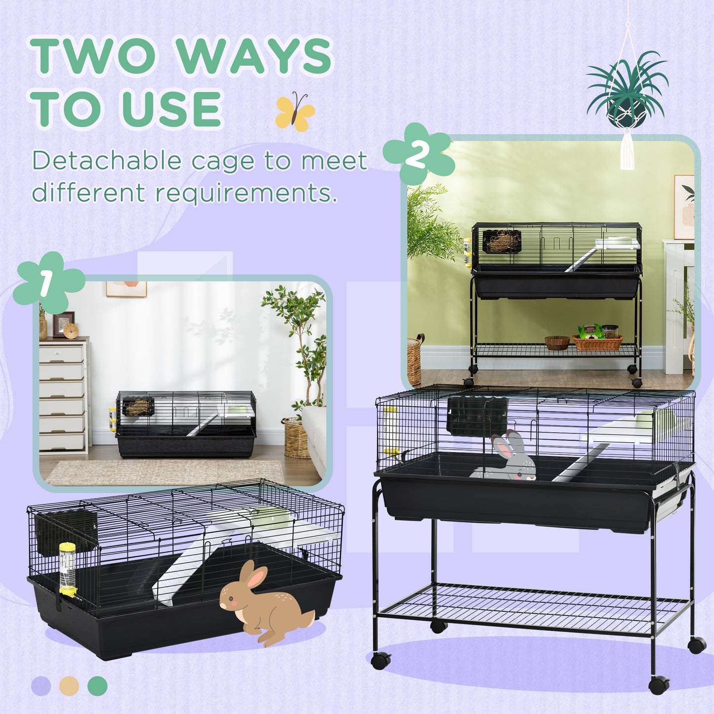 PawHut Two-Story Small Animal Cage Removable from Stand, Guinea Pig Cage with Shelf & Wheels, Pet Habitat for Hedgehog, Chinchilla, Ferret, 39" x 20.5" x 36.5", Black