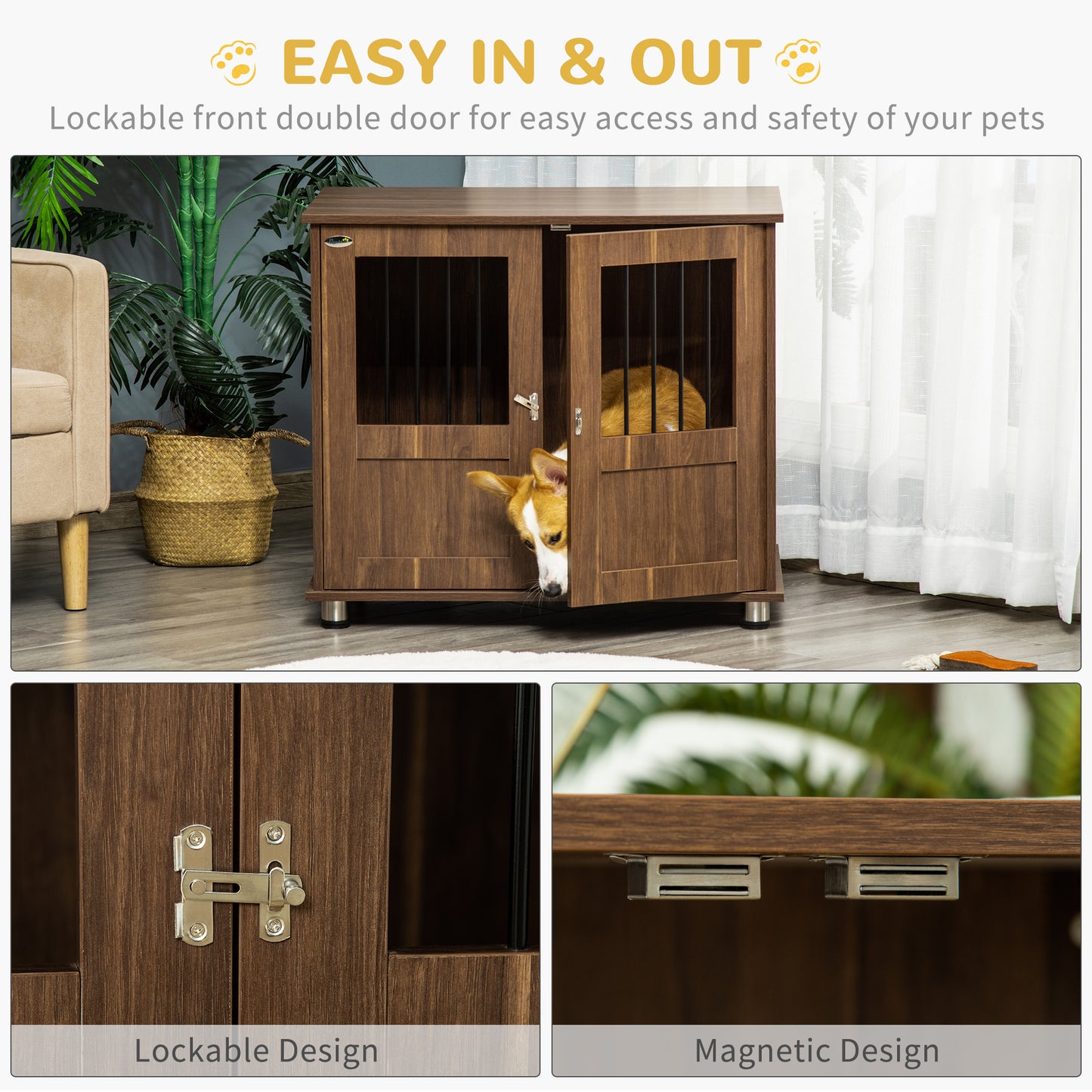 PawHut Dog Crate Furniture, Wooden End Table Furniture with Lockable Magnetic Doors, Small & Medium Size Pet Kennel Indoor Animal Cage, Brown