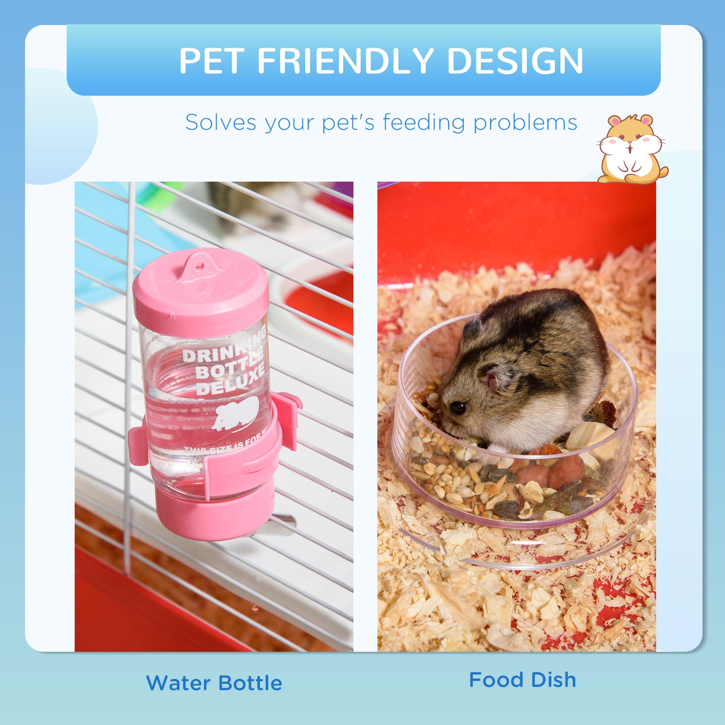 PawHut Large Hamster Cage with Tubes and Tunnels, 2-Level Steel Rat Cage, Small Animal House, Includes Exercise Wheel, Hut, Water Bottle, Food Dish, 23" x 14" x 14", Red