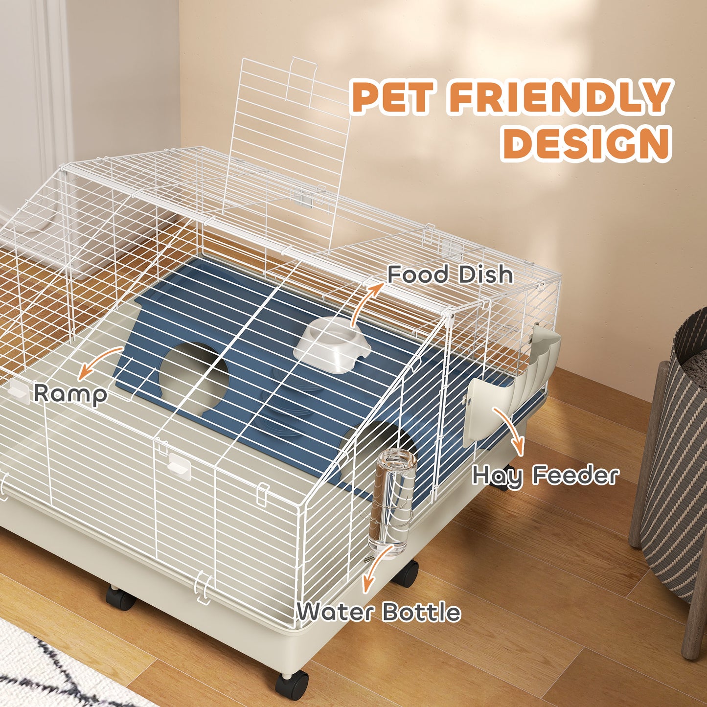 PawHut Rolling Small Animal Cage w/Water Bottle, Hay Feeder & Food Dish