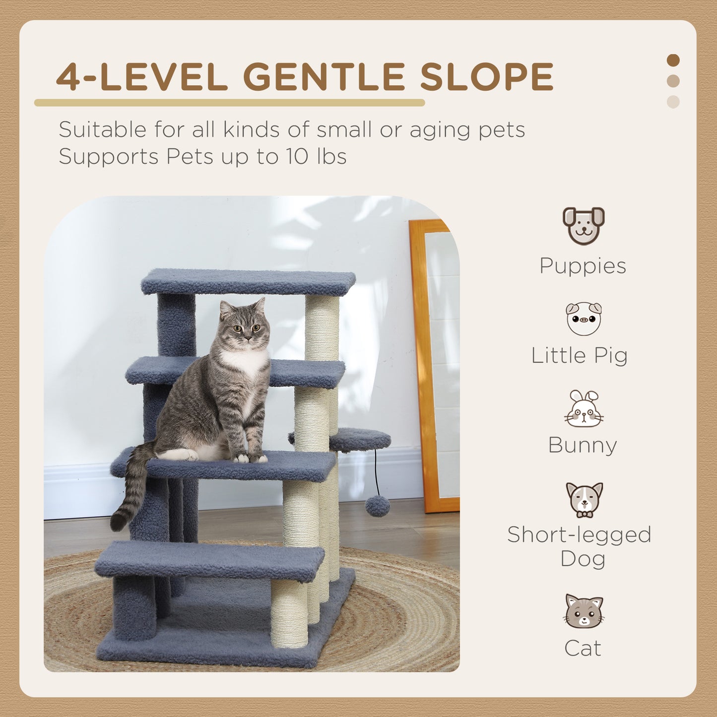 PawHut 4 Levels Cat Steps with Scratching Posts for High Bed, Sofa, Gray