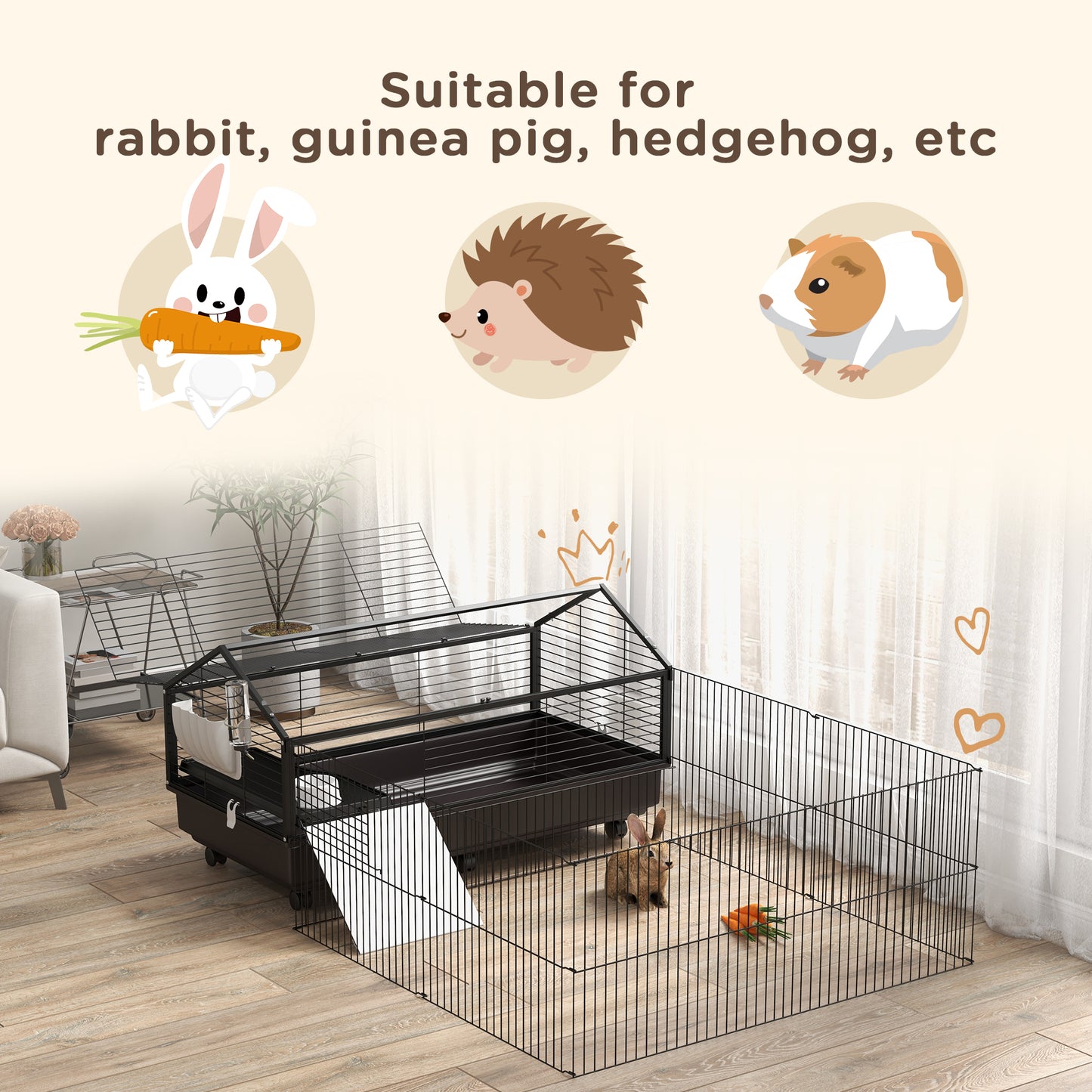 PawHut Small Animal Playpen Cage with Rolling Caster, Water Bottle 46.5"