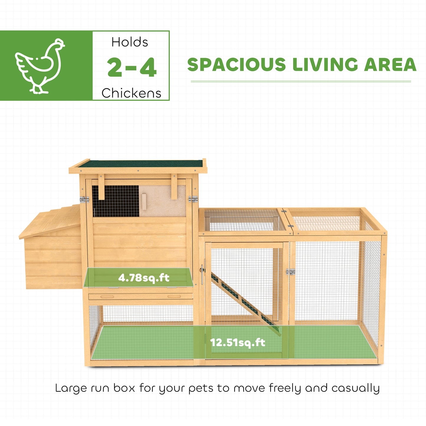 PawHut 75" Wooden Chicken Coop with Nesting Box, Removable Tray, Ramp Run, for Garden Backyard, Natural Wood