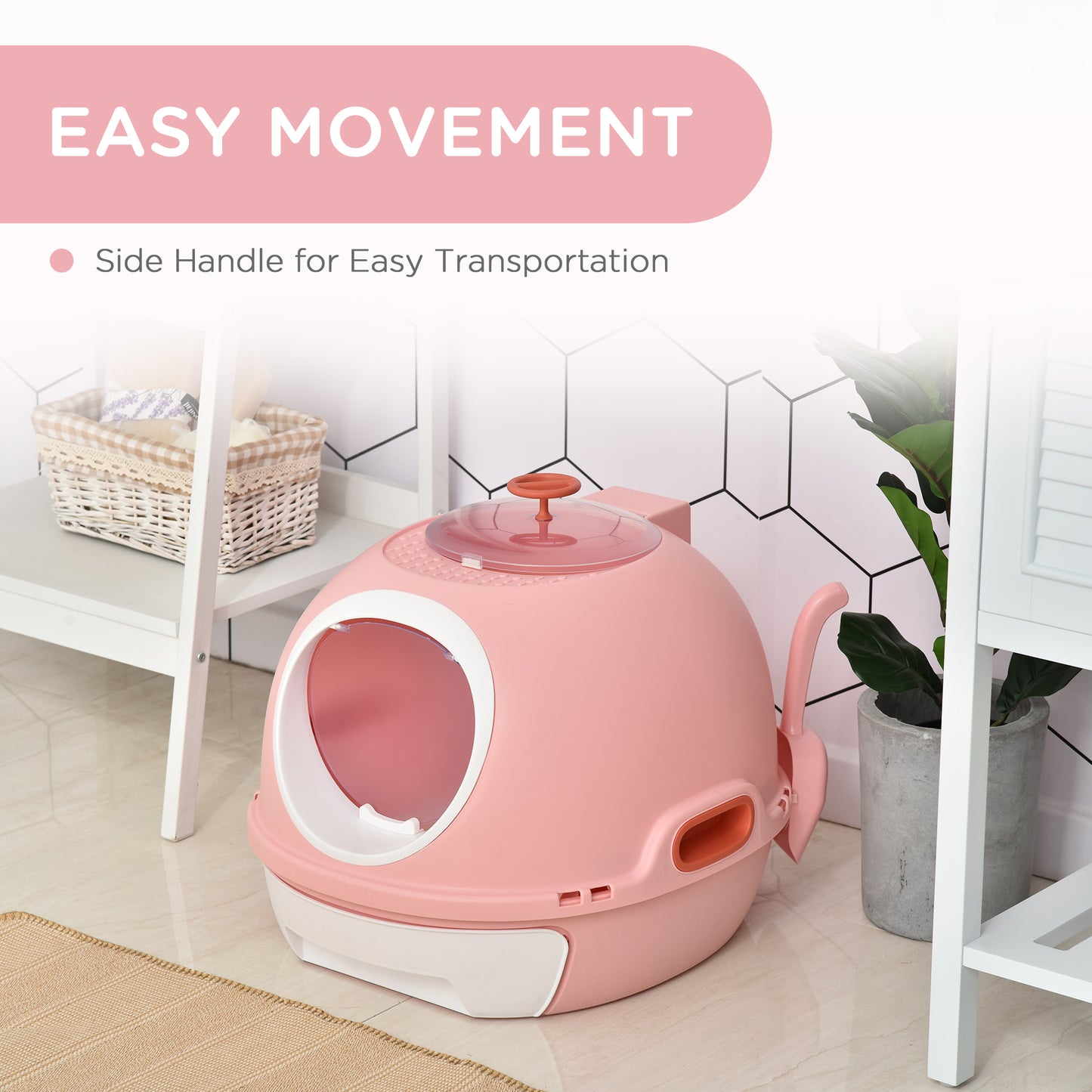 PawHut Cat Litter Box Toilet with Lid, Covered Litter Box with Scoop, Enclosed Drawer, and Skylight, Pink