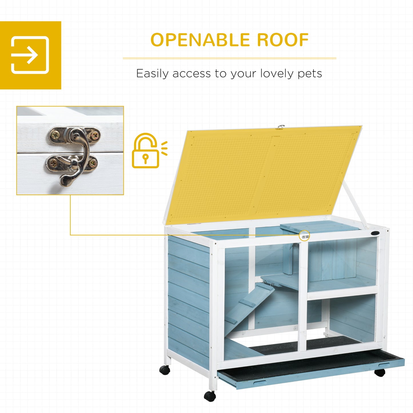 PawHut Fir Wood Rabbit Hutch Indoor Home with a Living Room for Sleeping Run Area, Blue