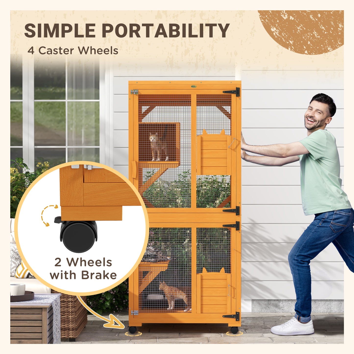 PawHut Large Cat House for 1-3 Cats on Wheels Wooden Catio Enclosure Orange