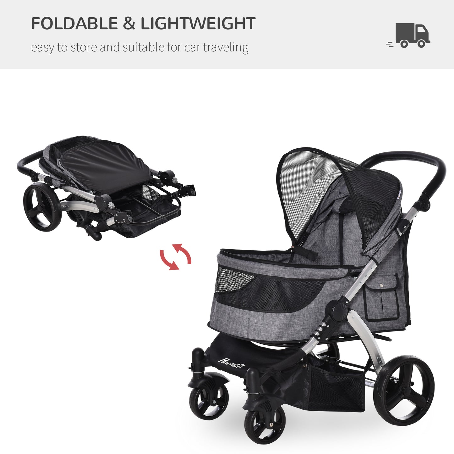 PawHut Pet Stroller Foldable Dog Cat Travel Carriage with Adjustable Handlebar PVC Wheel Brake Storage Bag Mesh Window Safety Leash Aluminum Grey