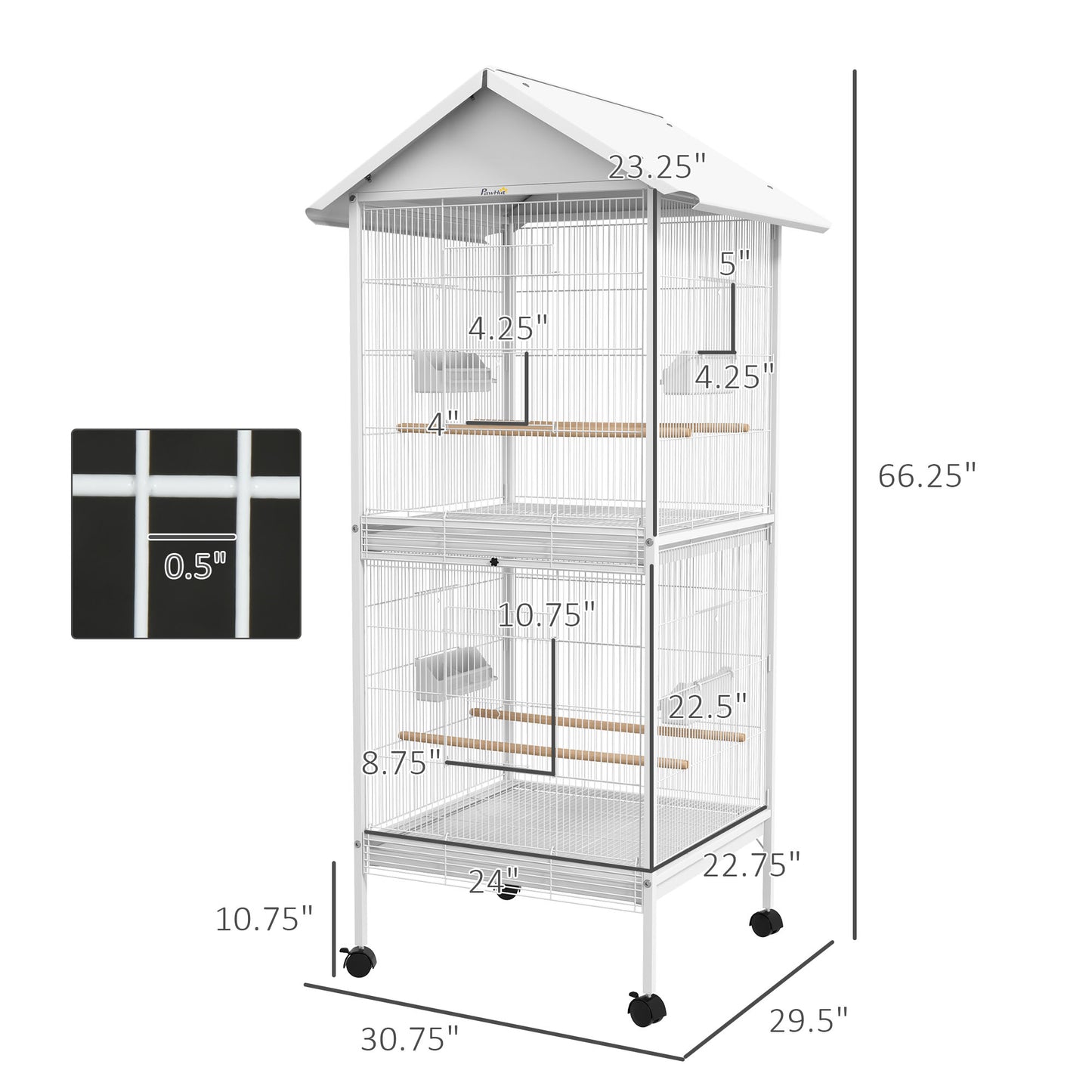 PawHut Wrought Metal Bird Cage Feeder with Rolling Stand Perches Food Containers Doors Wheels 67" H, White