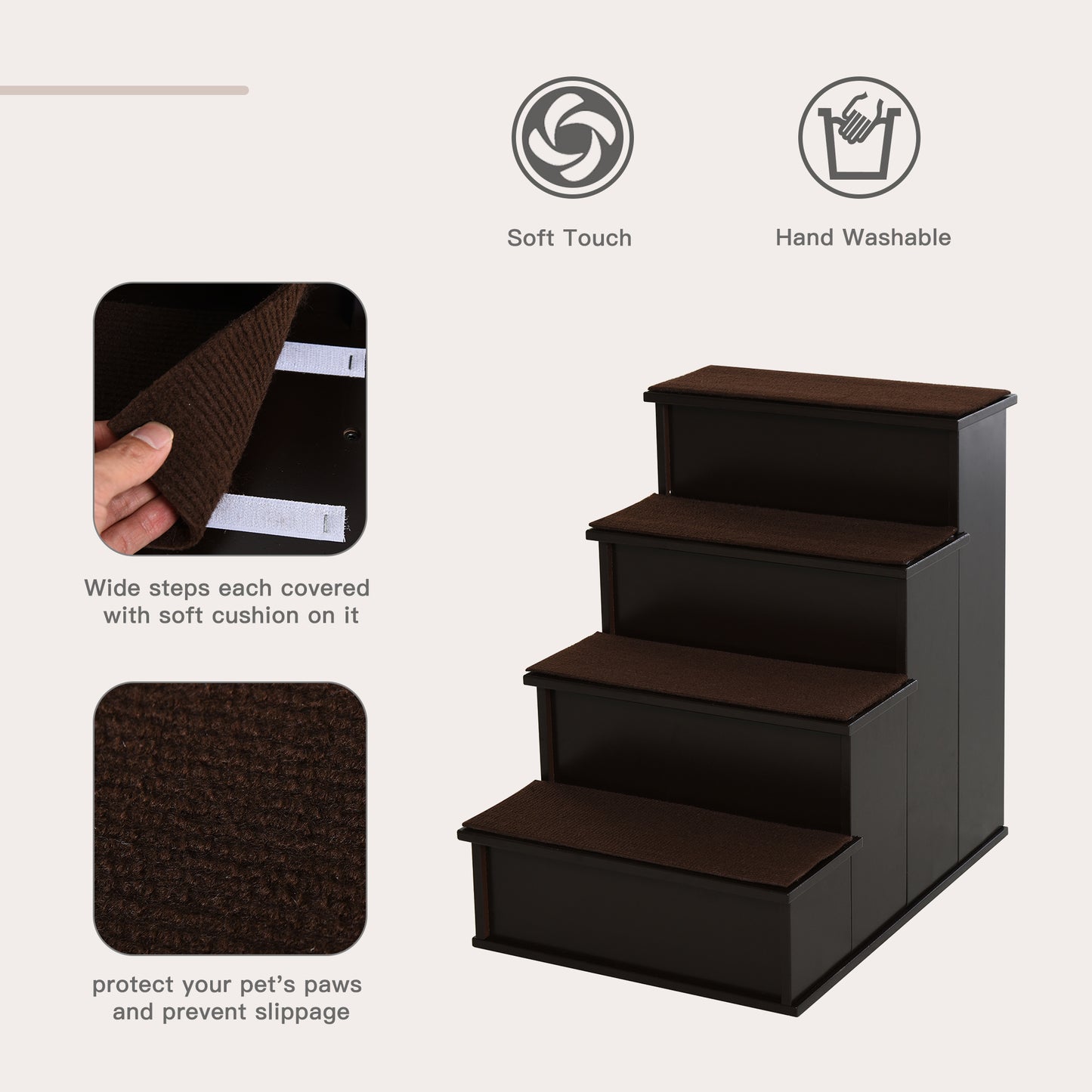 PawHut Pet Stairs, Small Pet Steps with Cushioned Removable Covering for Dogs and Cats Up To 22 lbs, Brown