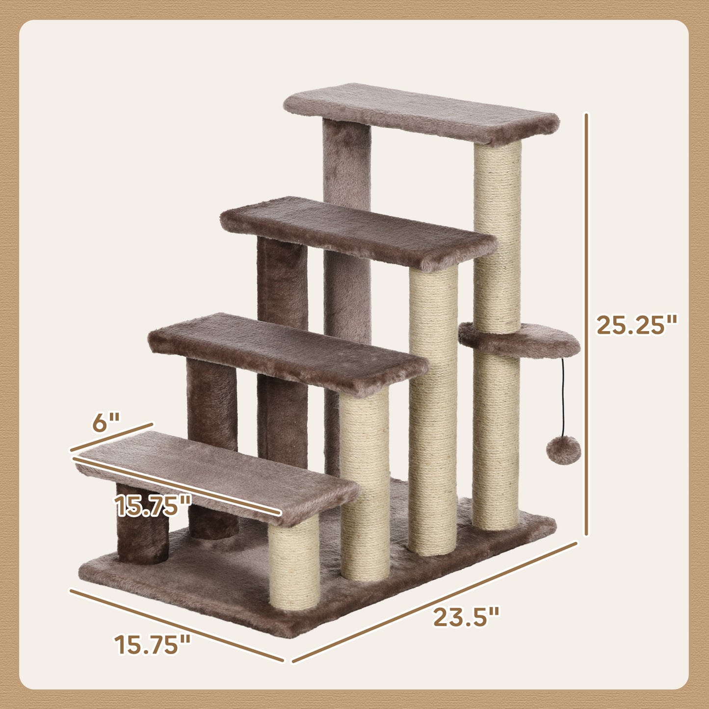 PawHut 4 Levels Cat Steps with Scratching Posts for High Bed, Sofa, Brown