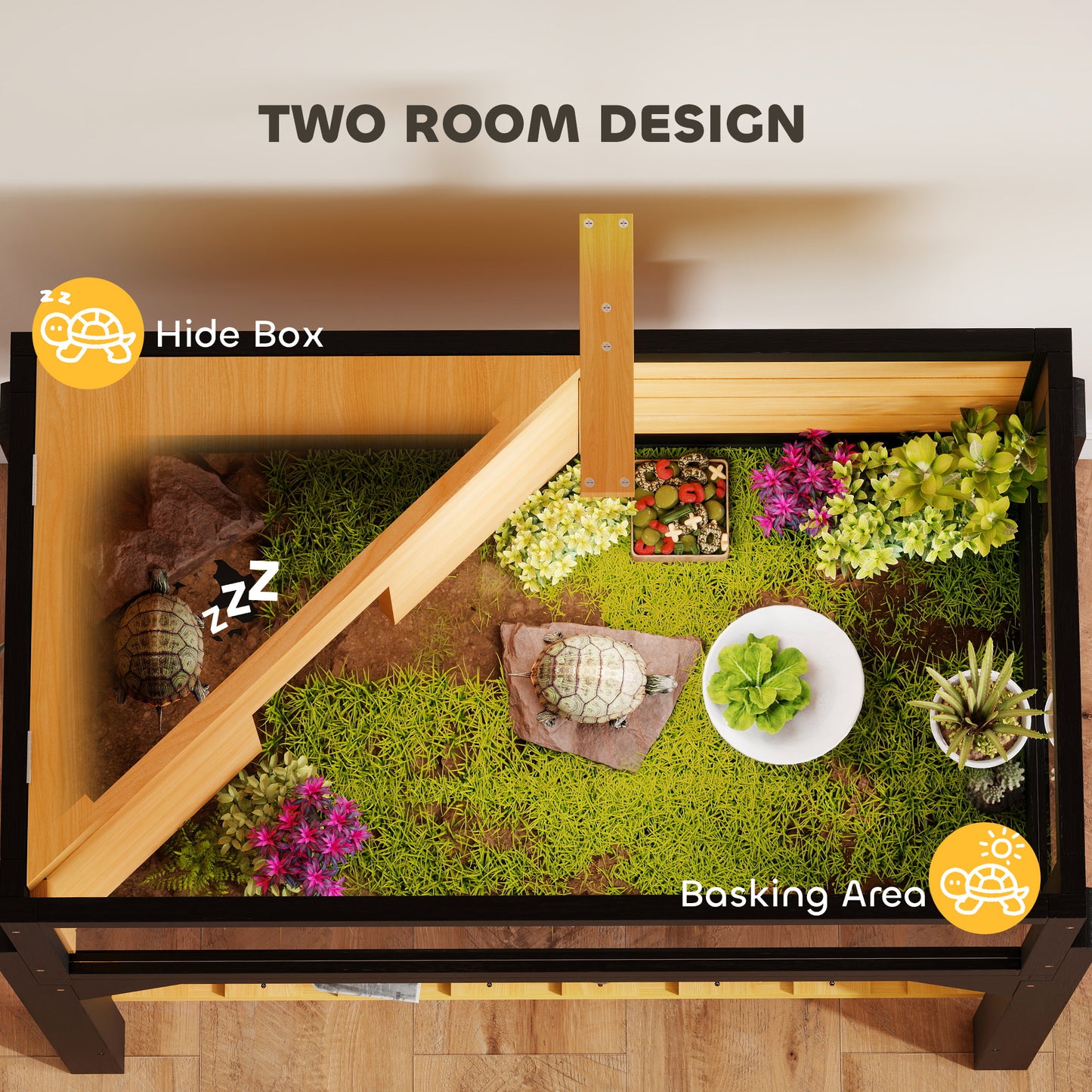 PawHut Wooden Tortoise Habitat w/Storage Shelf, Windows & Lamp Holder - Yellow