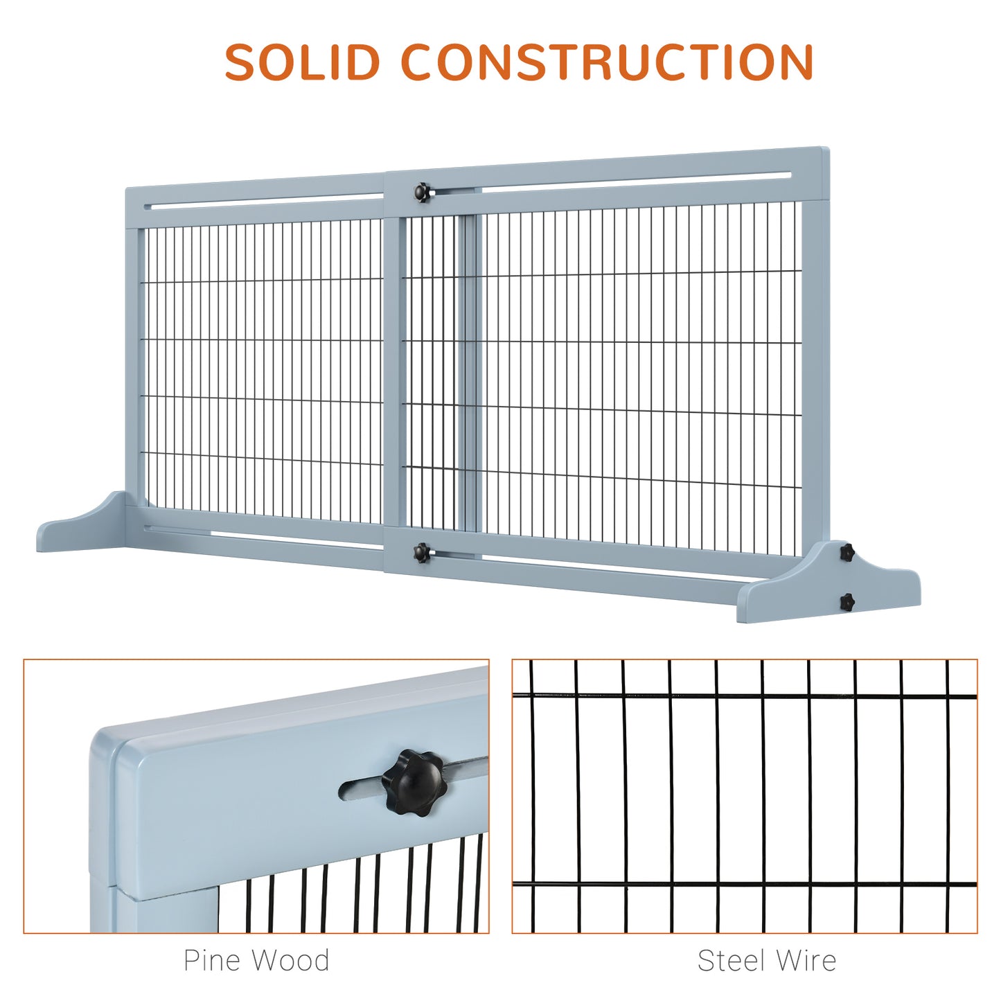 PawHut 72" W x 27.25" H Extra Wide Freestanding Pet Gate with Adjustable Length Dog, Cat, Barrier for House, Doorway, Hallway, Blue-Gray