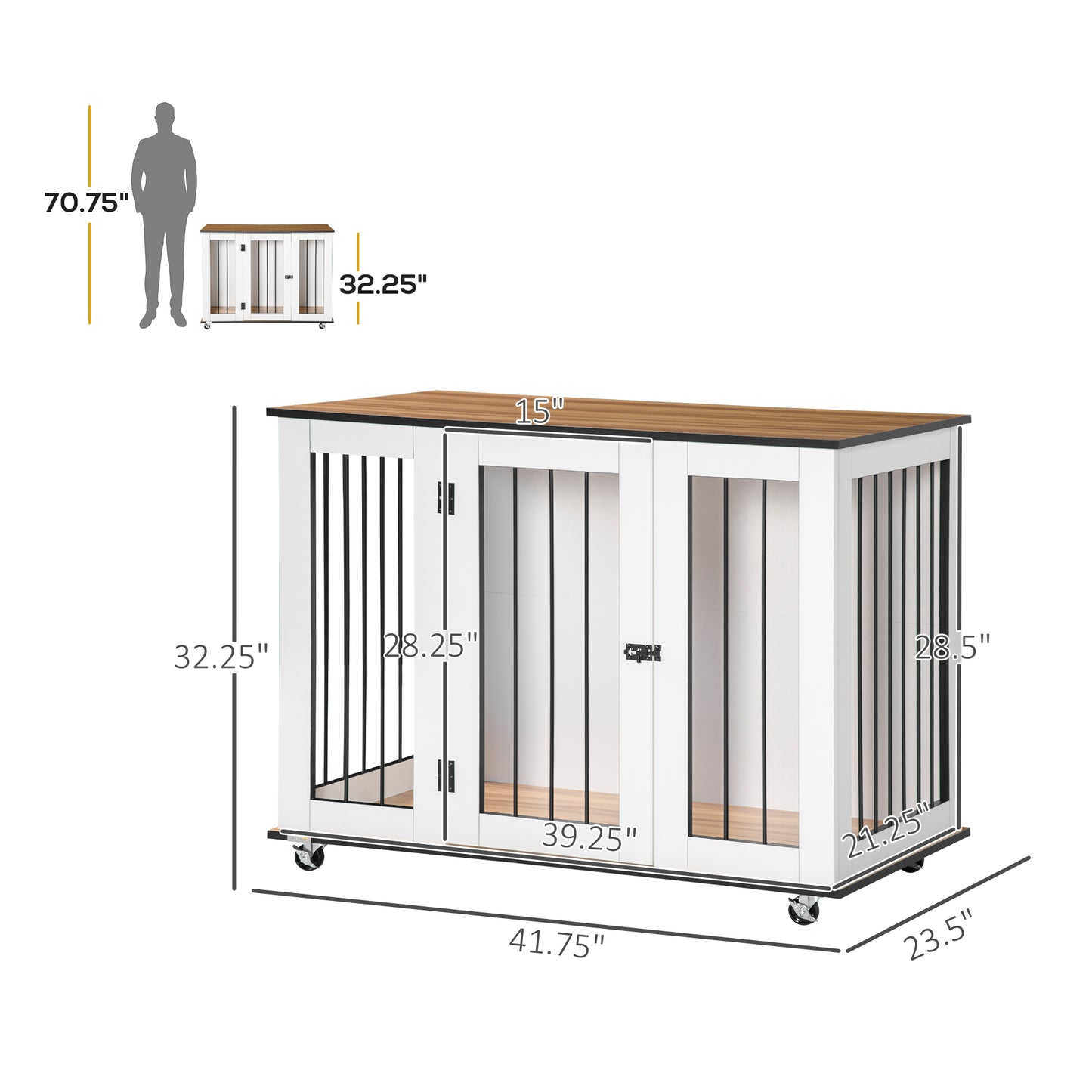 PawHut Dog Crate, Dog Cage End Table with Wheels & Big Tabletop, Indoor Dog Crate Furniture with Lockable Door, White