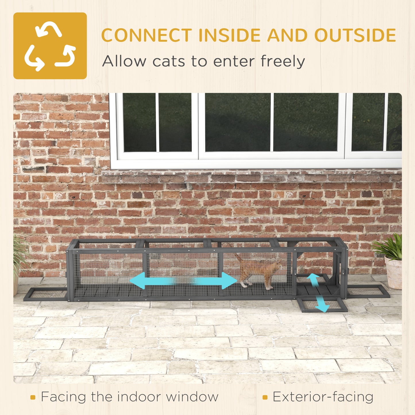 PawHut Wooden Cat Run with Weather Protection, Connecting Inside and Outside, 79"L x 15"W x 15"H, Dark Gray