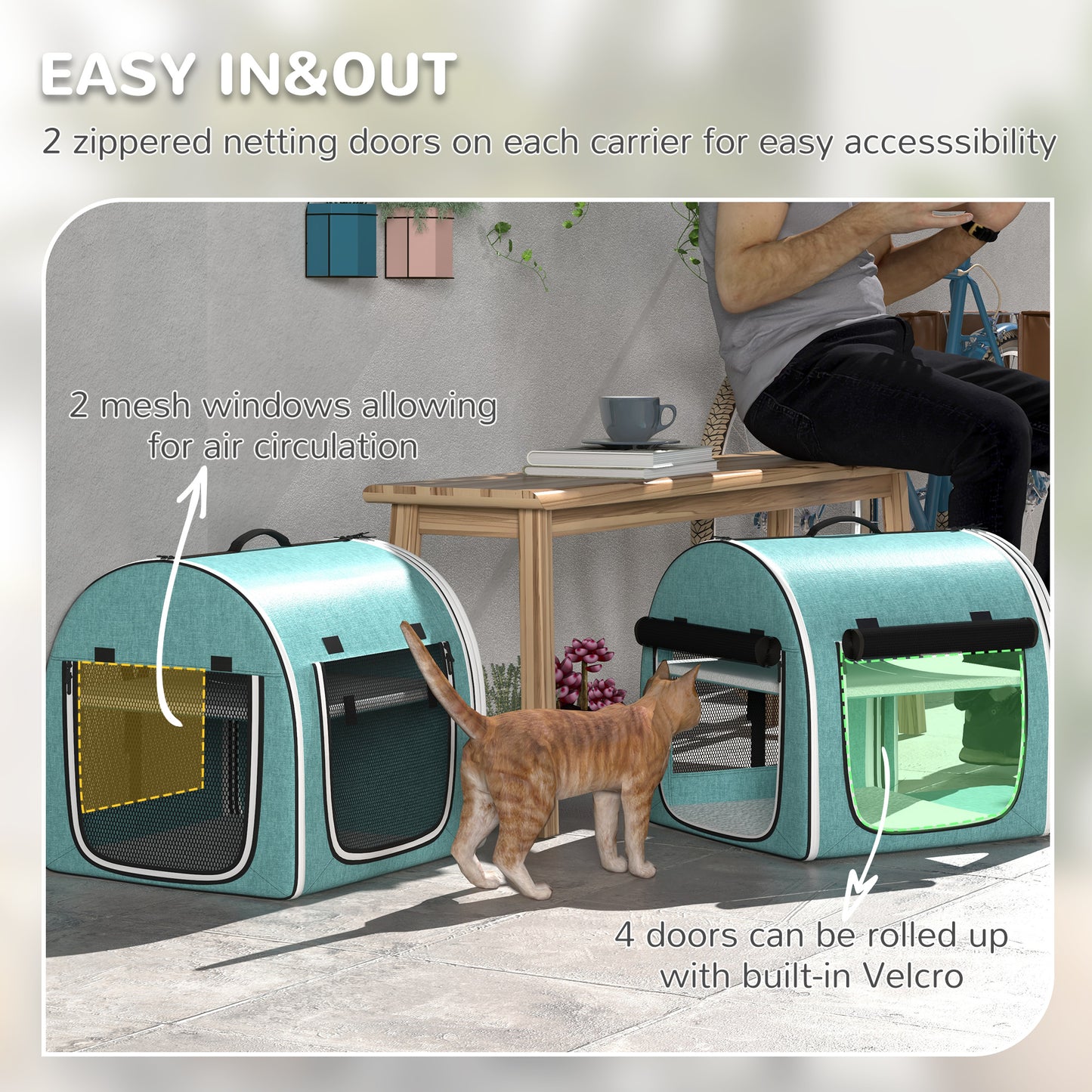 PawHut 39" Portable Soft 2 Sided Pet Cat Carrier with Divider, Two Compartment, Soft Cushions, & Storage Bag, Green
