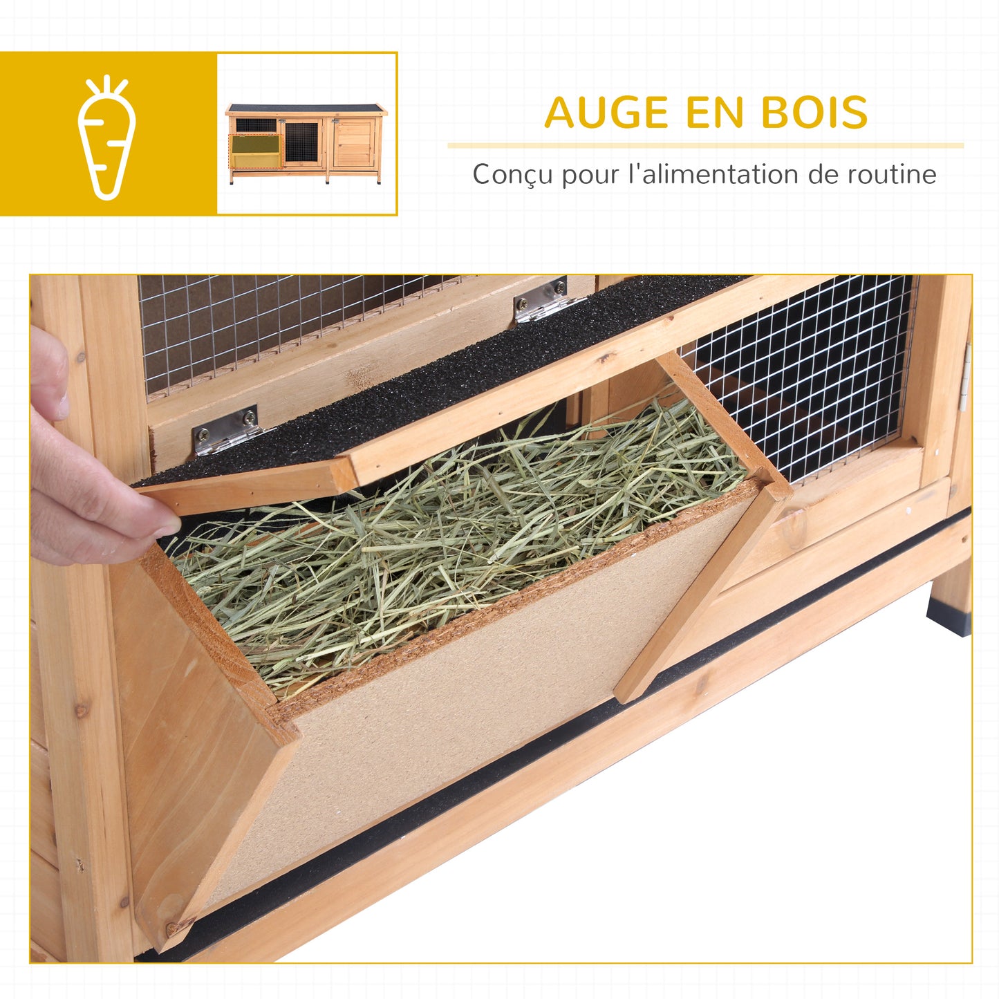 PawHut Large Bunny Hutch, Rabbit Cage with 2 Outside Areas and 1 Main House for Small Animals, Yellow