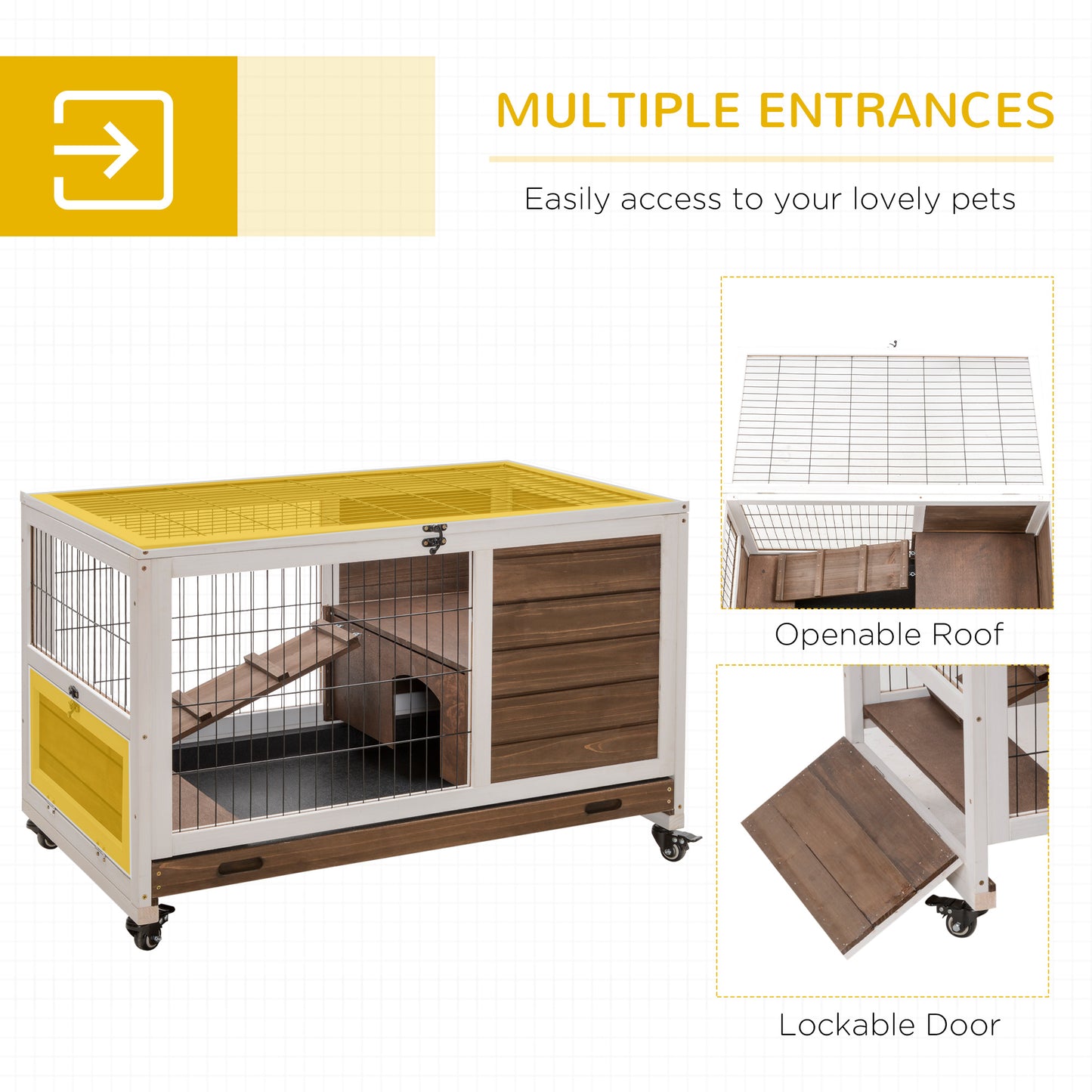 PawHut Indoor Rabbit Enclosure, on Wheels, Indoor Bunny Cage Small Animal House with Pull Out Tray Casters Ramp, 35.5" x 21" x 23", Brown