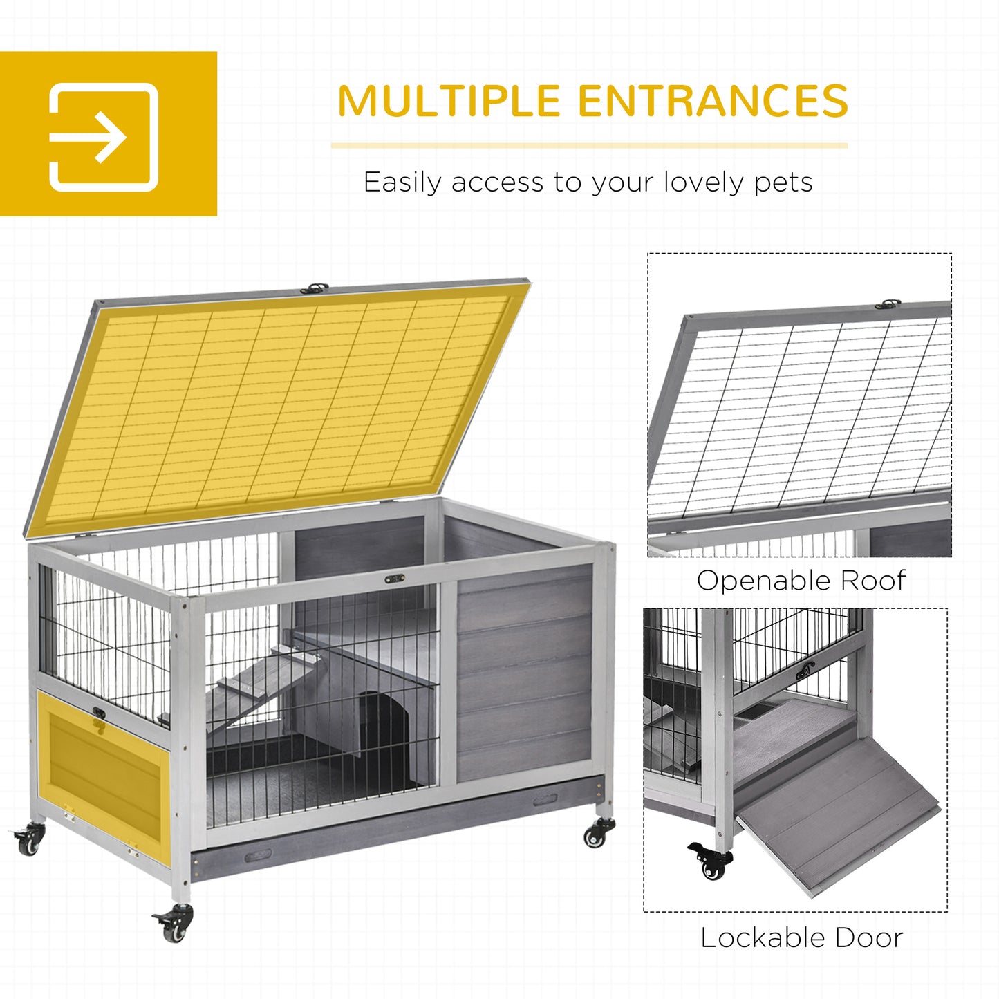 PawHut Indoor Rabbit Enclosure, Wooden Elevated Cage Habitat with Enclosed Run with Wheels - Ideal for Rabbits and Guinea Pigs