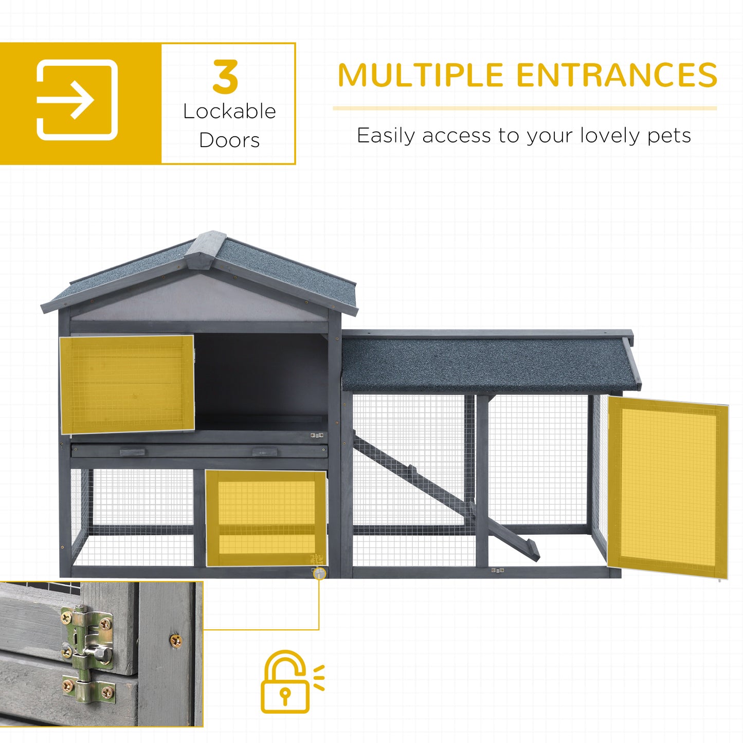 PawHut 58" Large Rabbit Hutch Outdoor Indoor, Wooden Bunny Hutch, Guinea Pig Cage with Run, Removable Tray, Asphalt Roof, Lockable Doors and Ramp, for 1-2 Small Rabbits, Chickens, Ducks, Dark Gray