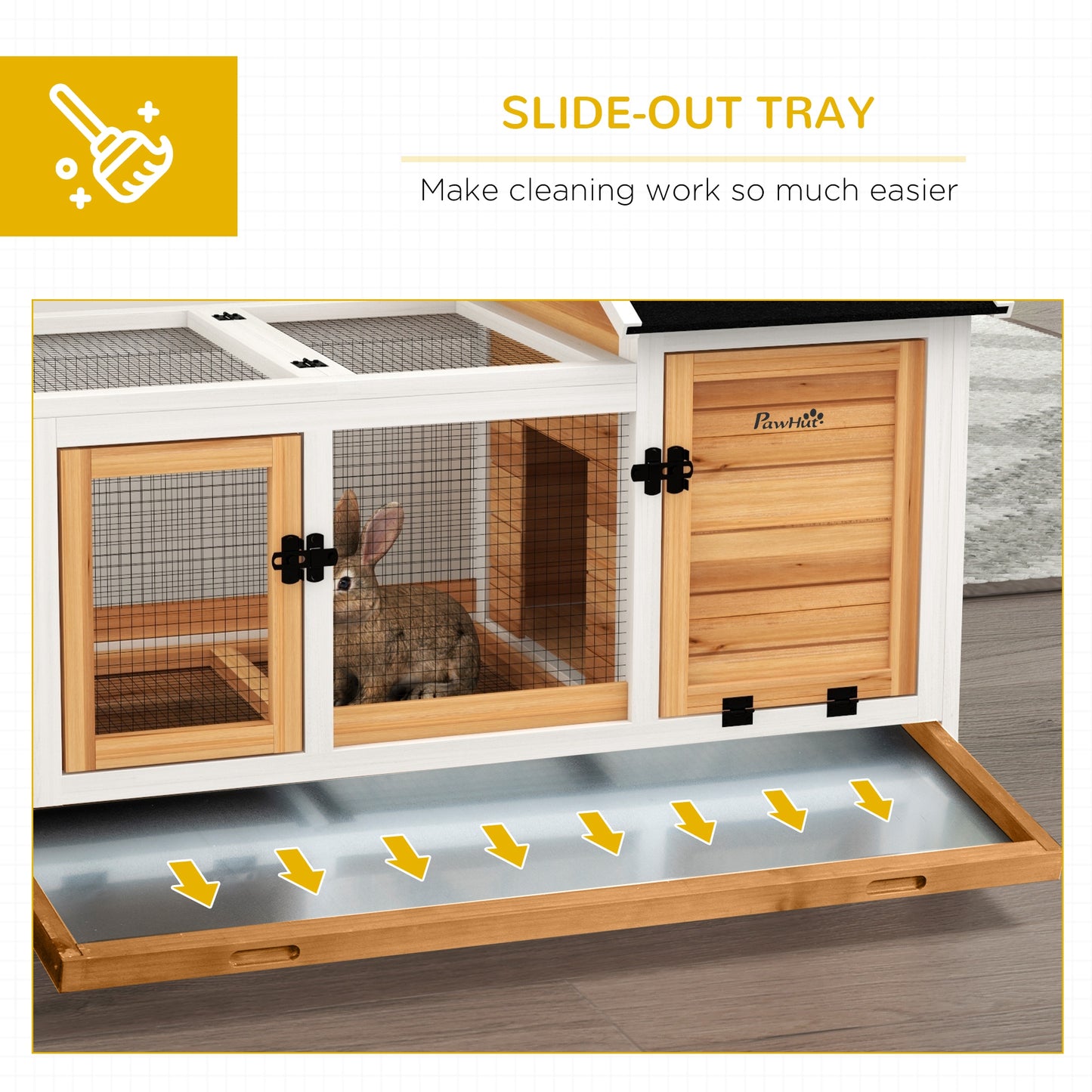 PawHut Wooden Rabbit Hutch with Wheels, Run, Slide-out Tray for Small Animals, Guinea Pig, Yellow