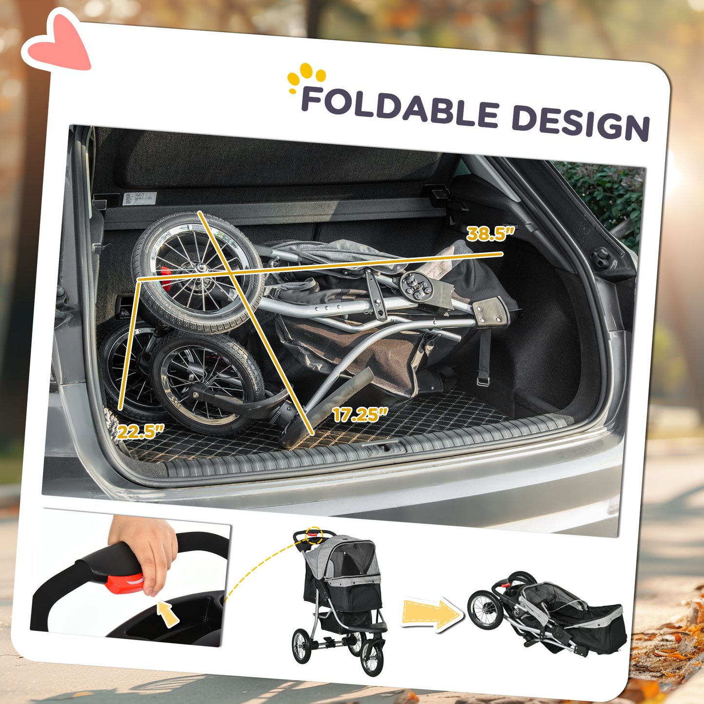 PawHut Luxury One-click Folding Pet Stroller Dog/Cat Travel Carriage with Wheels Adjustable Canopy Zippered Mesh Window Door Grey and Black