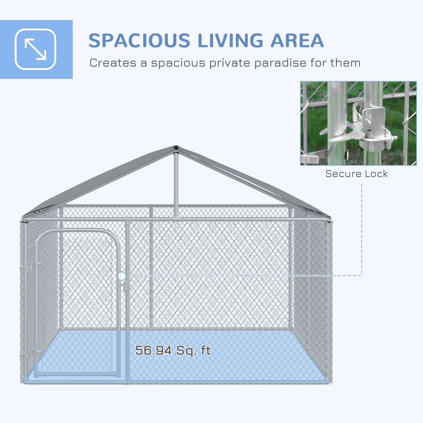PawHut Outdoor Dog Kennel, Heavy Duty Dog Run Outdoor Fence with Waterproof Cover, Galvanized Chain Link, Secure Lock, 7.5' x 7.5' x 5.6'