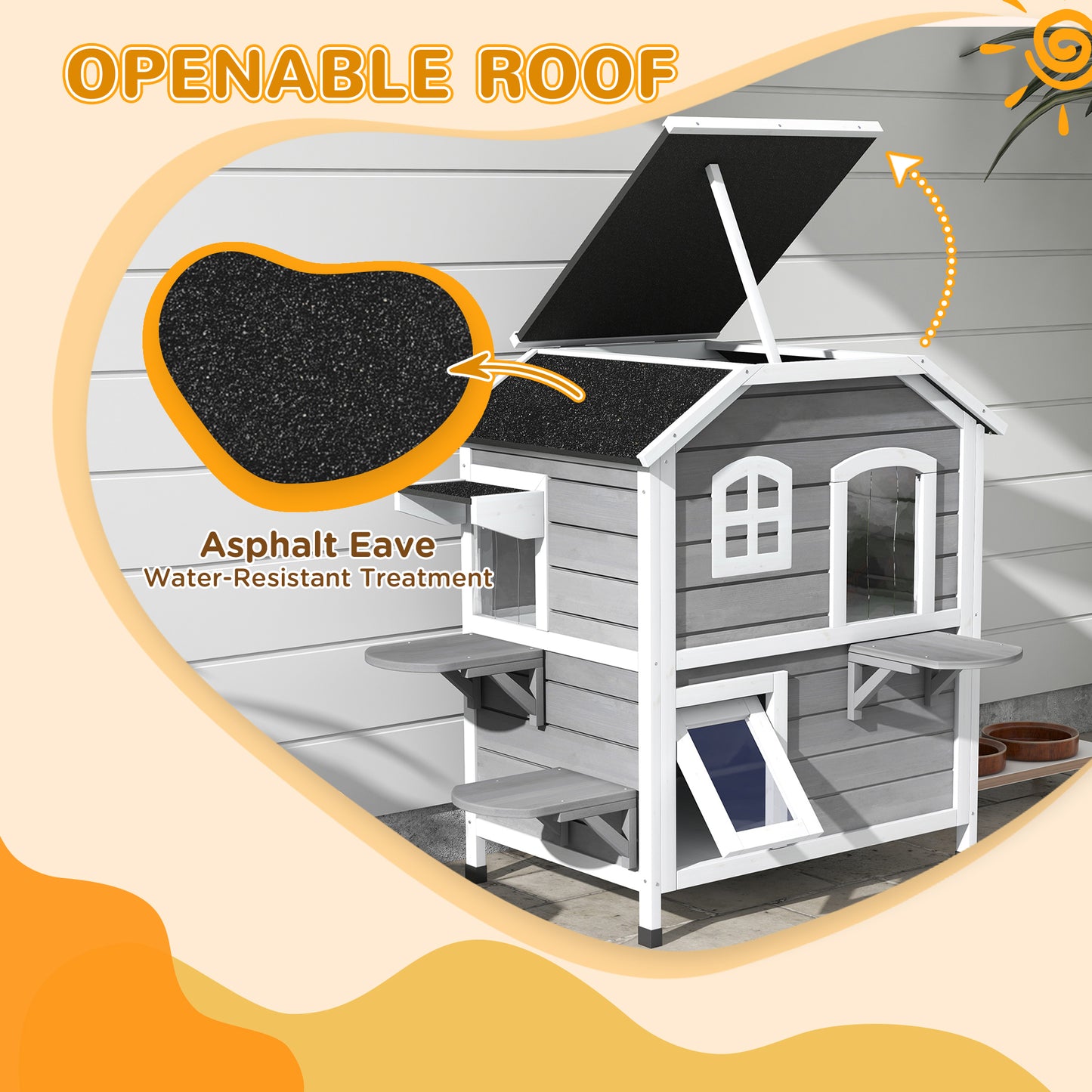 PawHut 2-story Cat House Outdoor, Weatherproof Wooden Cat Enclosure for Feral Cats with Escape Door, Openable Roof, Jumping Platforms, Gray