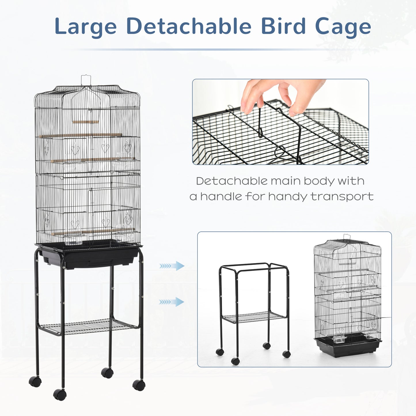PawHut 60" Metal Indoor Bird Cage Starter Kit with Detachable Rolling Stand, Storage Basket, and Accessories, Black