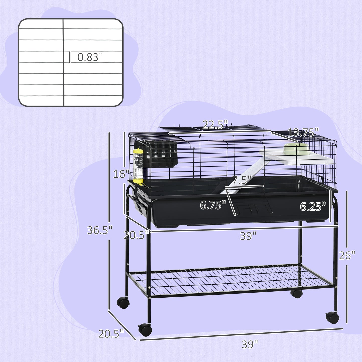 PawHut Two-Story Small Animal Cage Removable from Stand, Guinea Pig Cage with Shelf & Wheels, Pet Habitat for Hedgehog, Chinchilla, Ferret, 39" x 20.5" x 36.5", Black