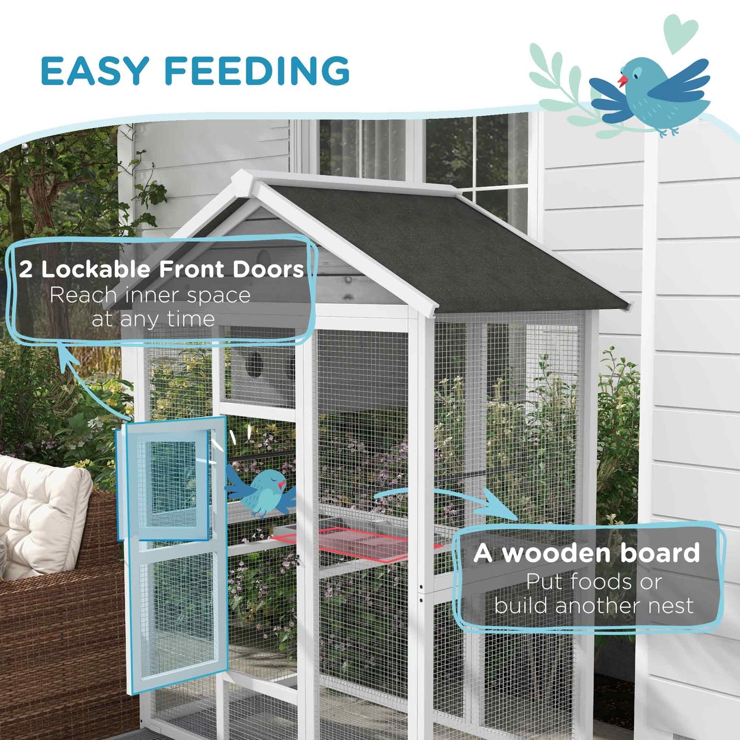 PawHut 64.5" Wooden Bird Cage Aviary, Flight Cage with 4 Perches, Nest and Slide-Out Tray for Indoor/Outdoor, Gray