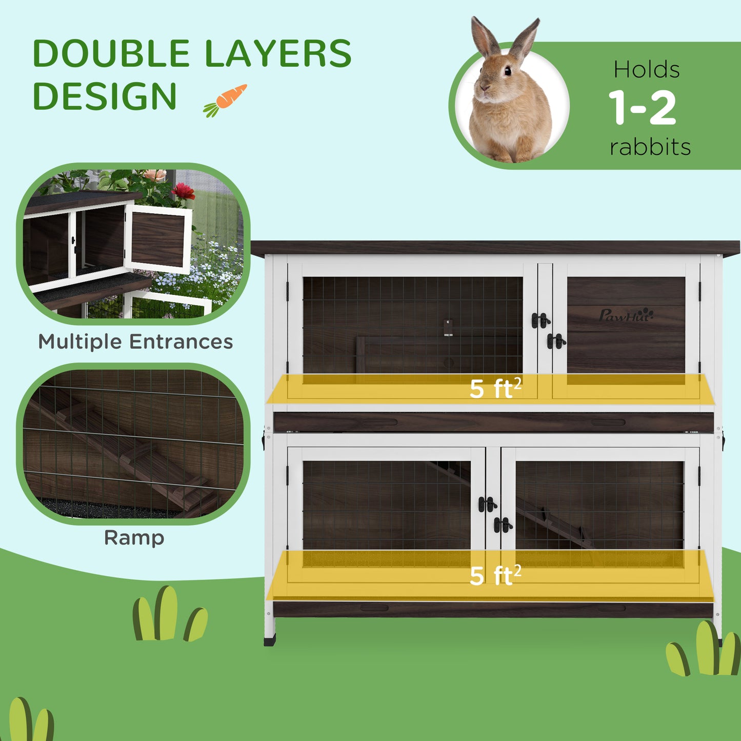 PawHut 46" Outdoor Rabbit Hutch w/ Removable Trays & Ramp for 1-2 Rabbits