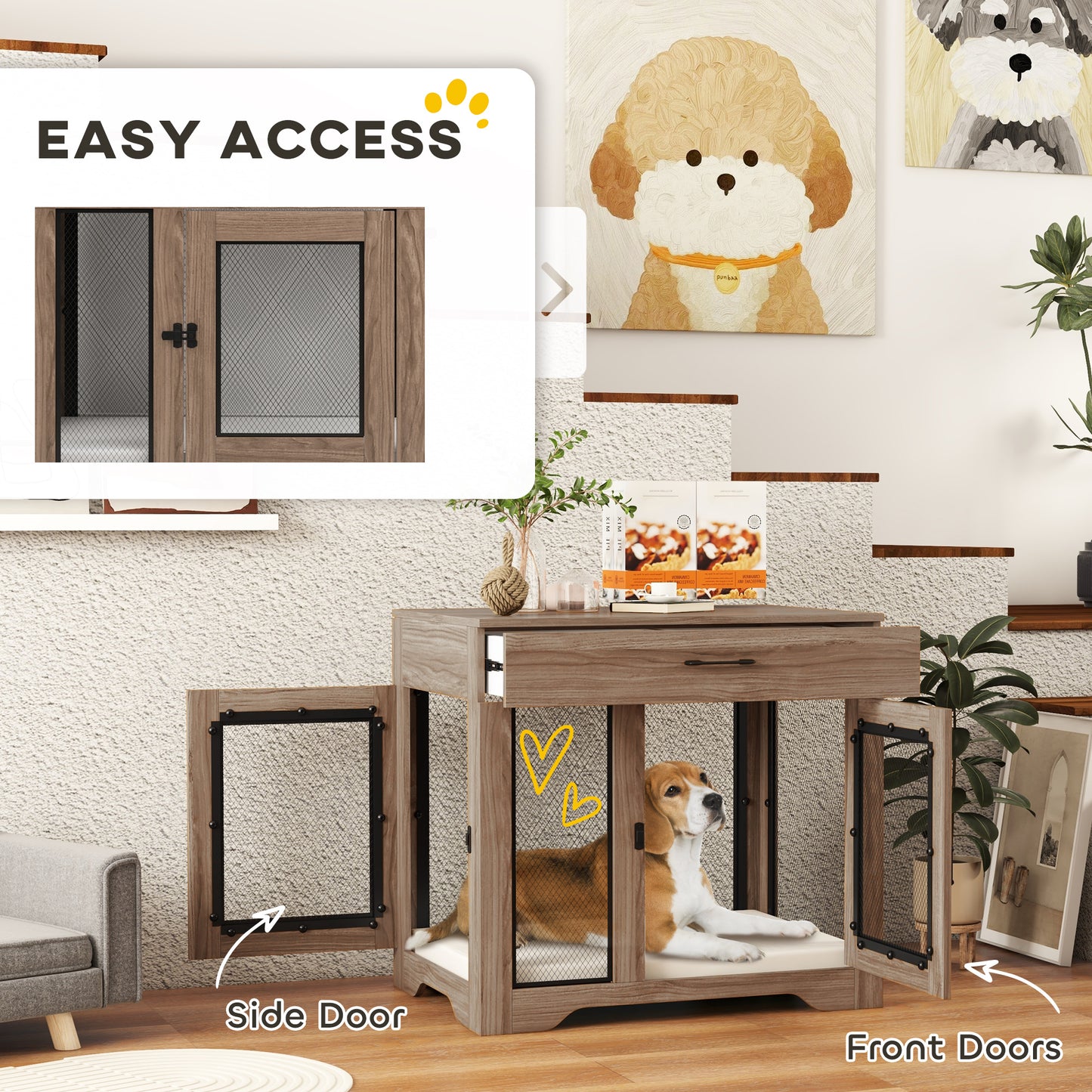 PawHut Dog Crate Furniture with Soft Water-Resistant Cushion, Drawer, for Small Dogs, Brown